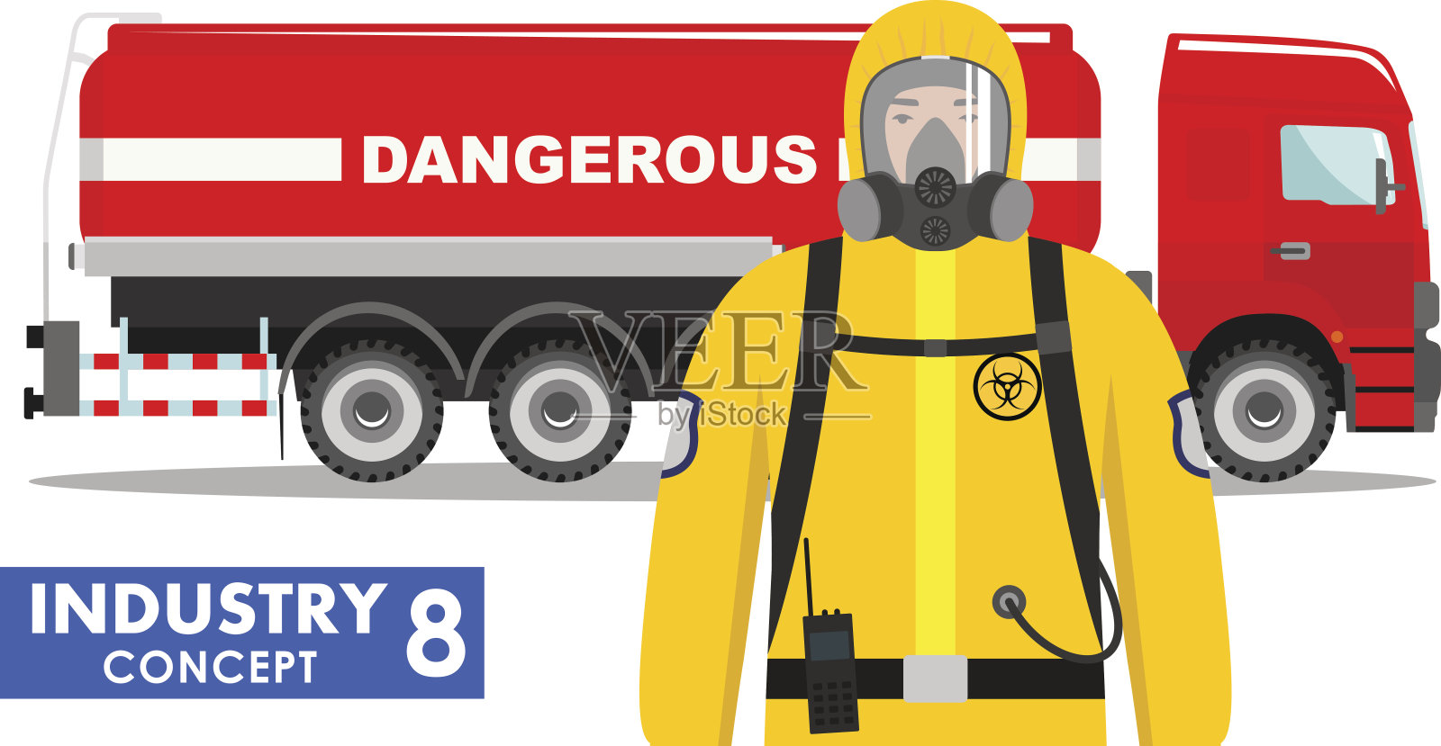 产业的概念。白底平画，载有化学、放射性、有毒、有害物质的贮水池卡车和身着防护服的工人。矢量插图。插画图片素材