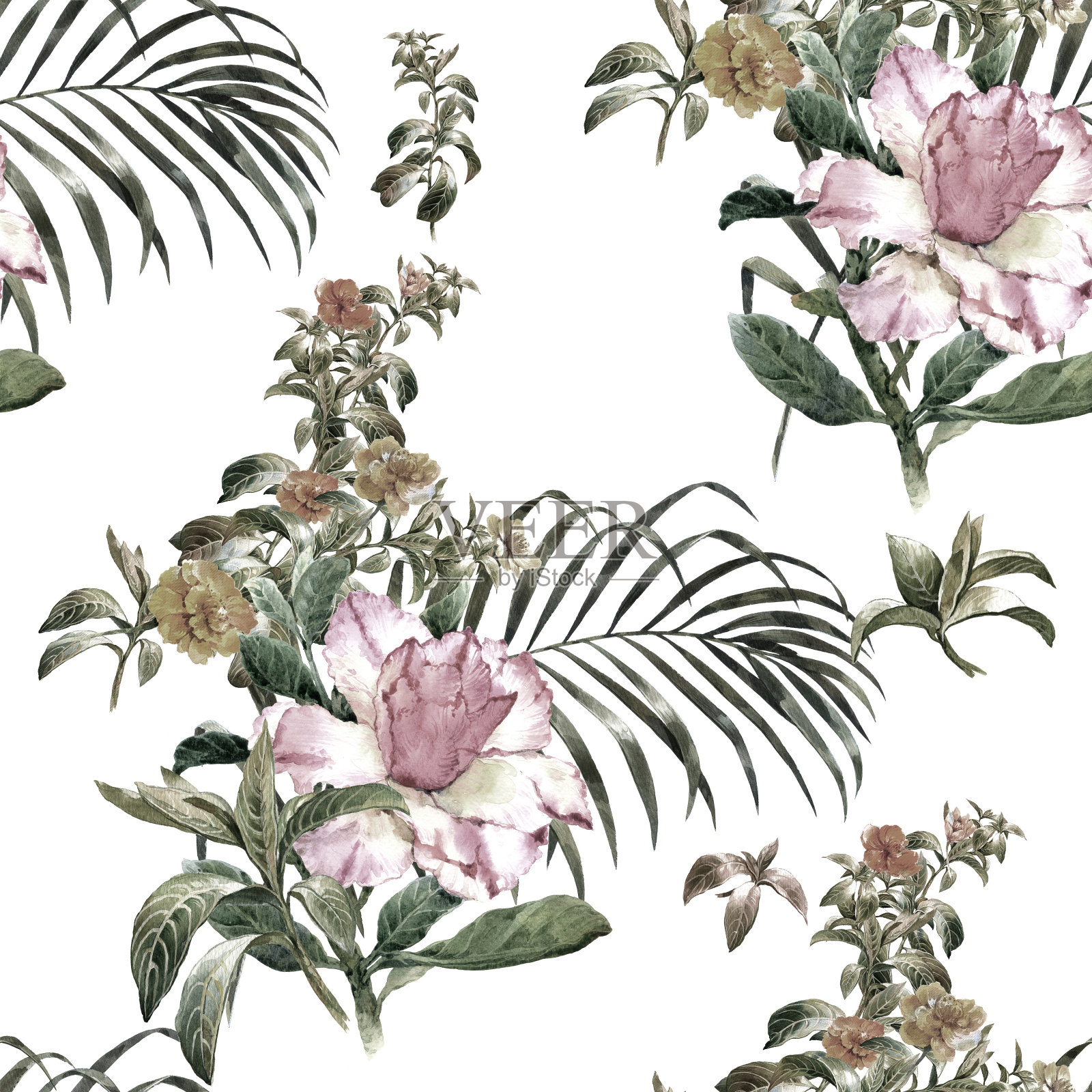 叶和花的水彩画，在白色的背景上无缝的图案插画图片素材