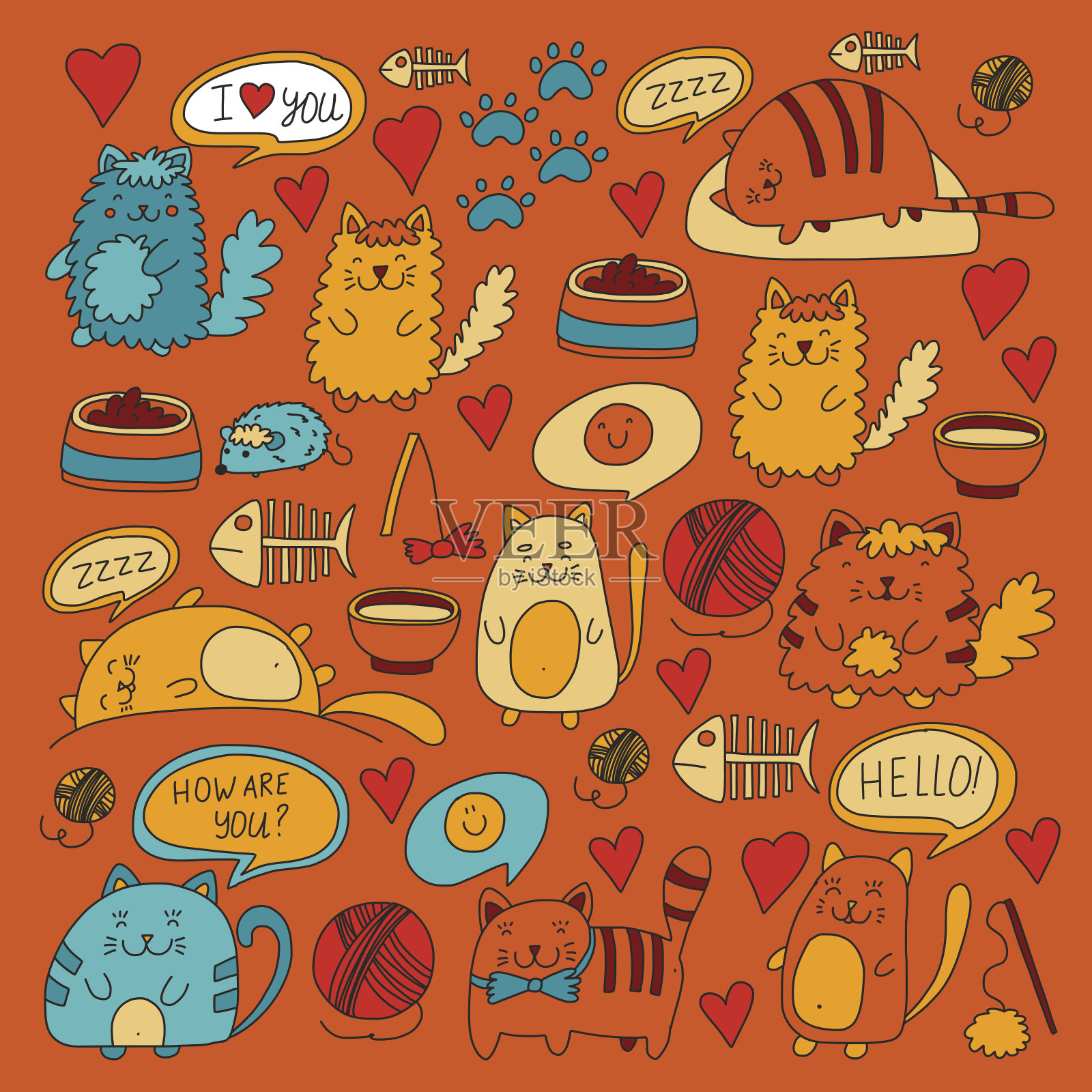 可爱的涂鸦猫，小猫家猫向量集可爱的小猫为宠物店，猫，兽医诊所涂鸦图案为横幅，海报，纺织儿童图画为幼儿园插画图片素材