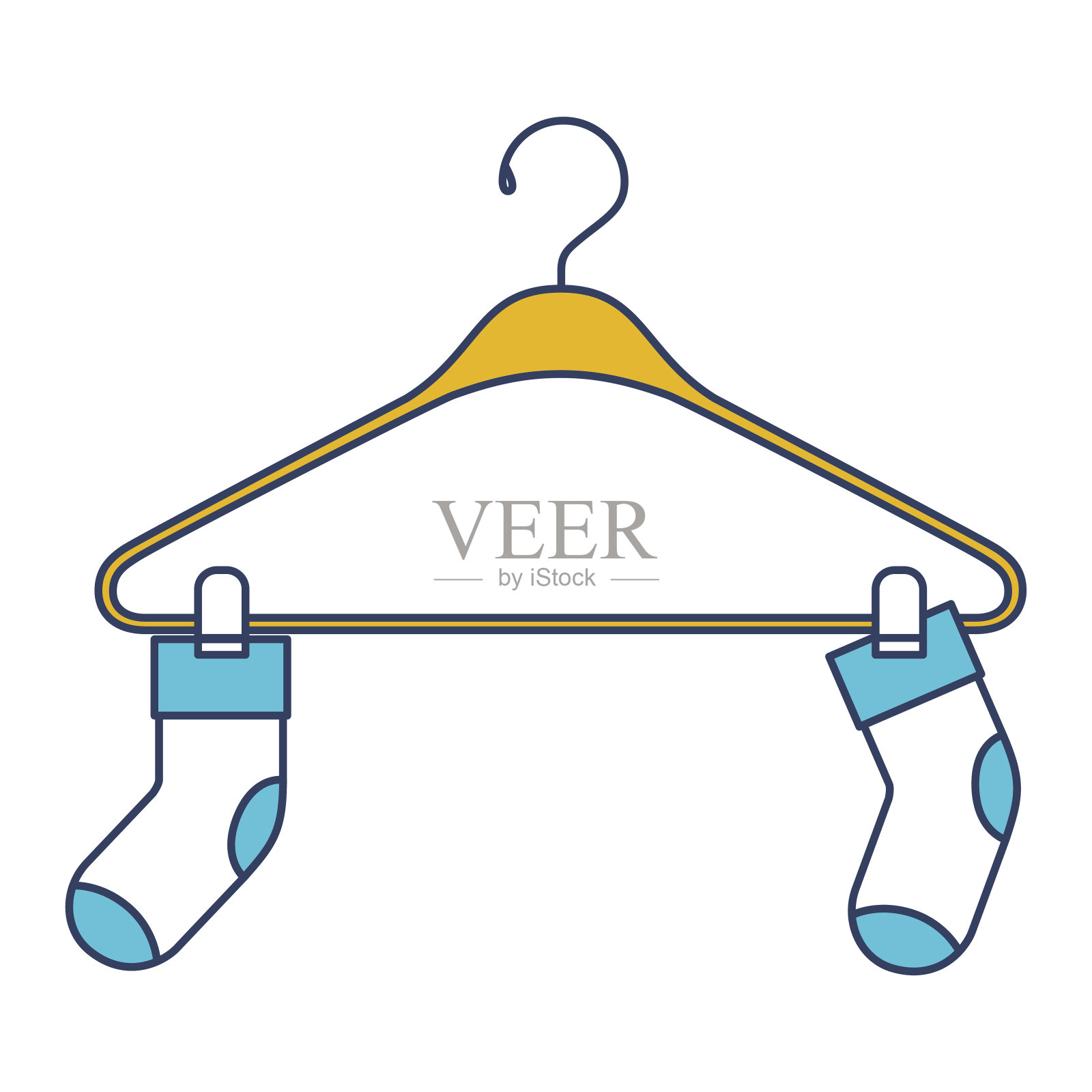 衣架上一双袜子的颜色为蓝色和黄色插画图片素材