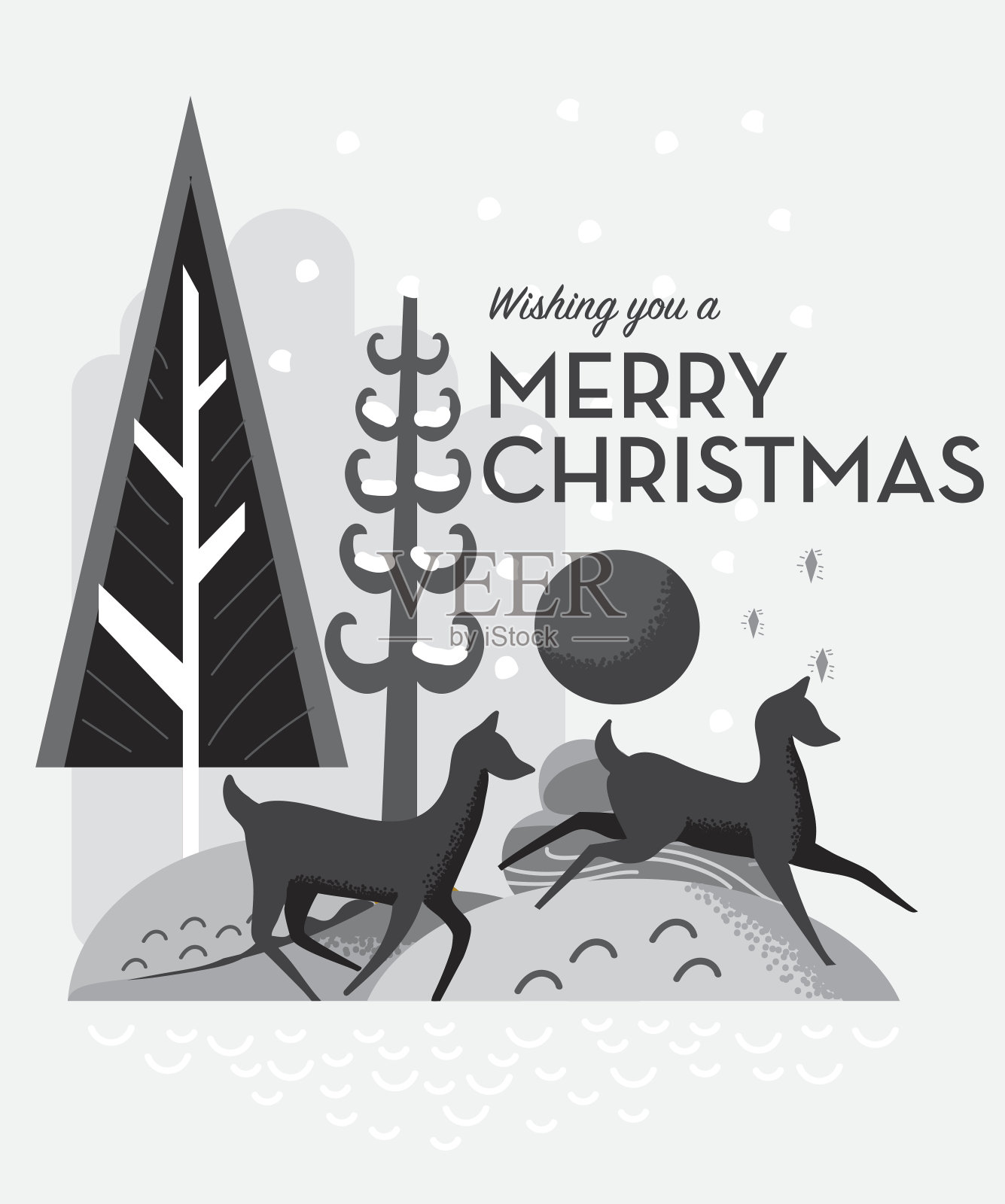 程式化的鹿在树林里奔跑圣诞祝福设计插画图片素材