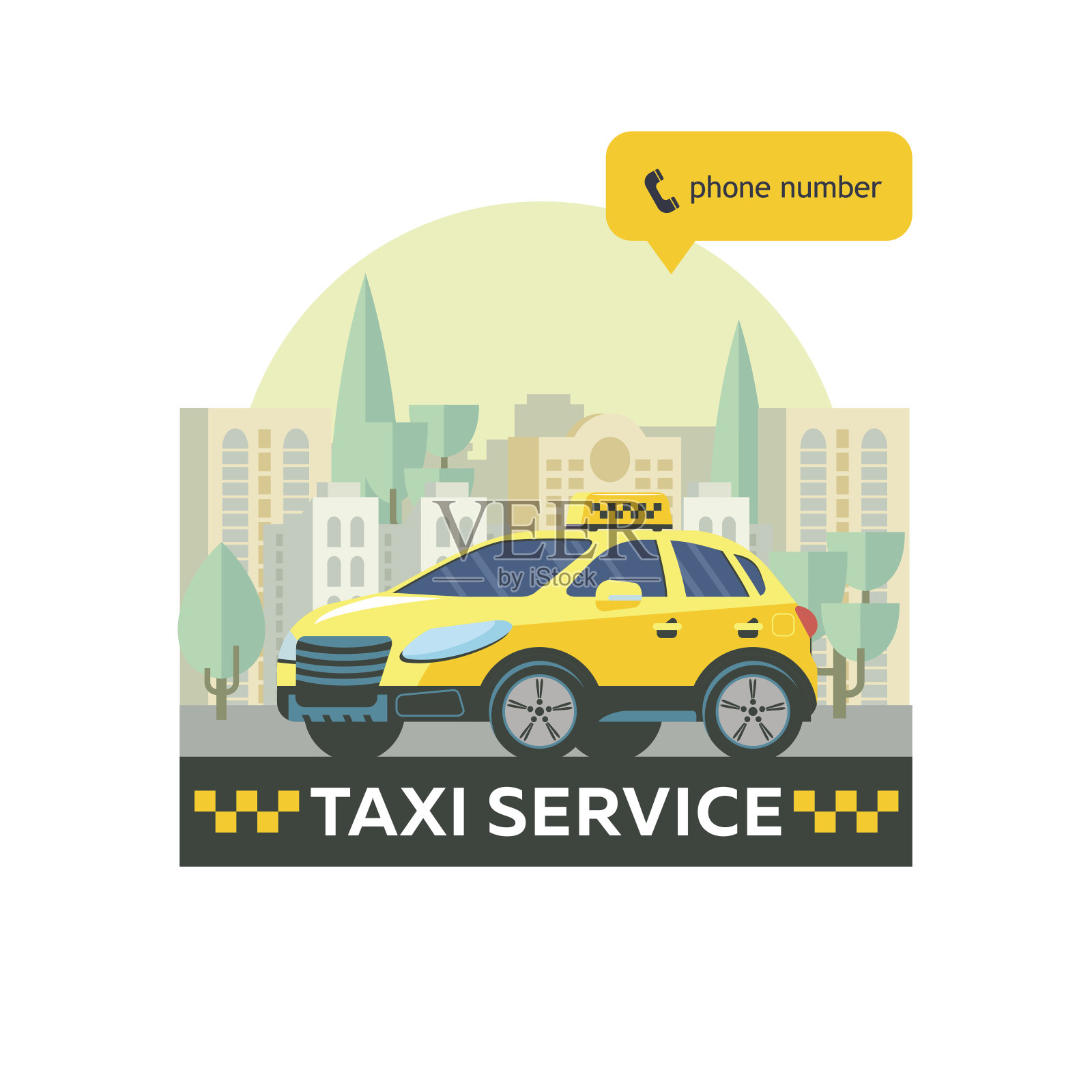 出租车服务的矢量标志。出租车服务。黄色的出租车在高楼大厦的背景。插画图片素材