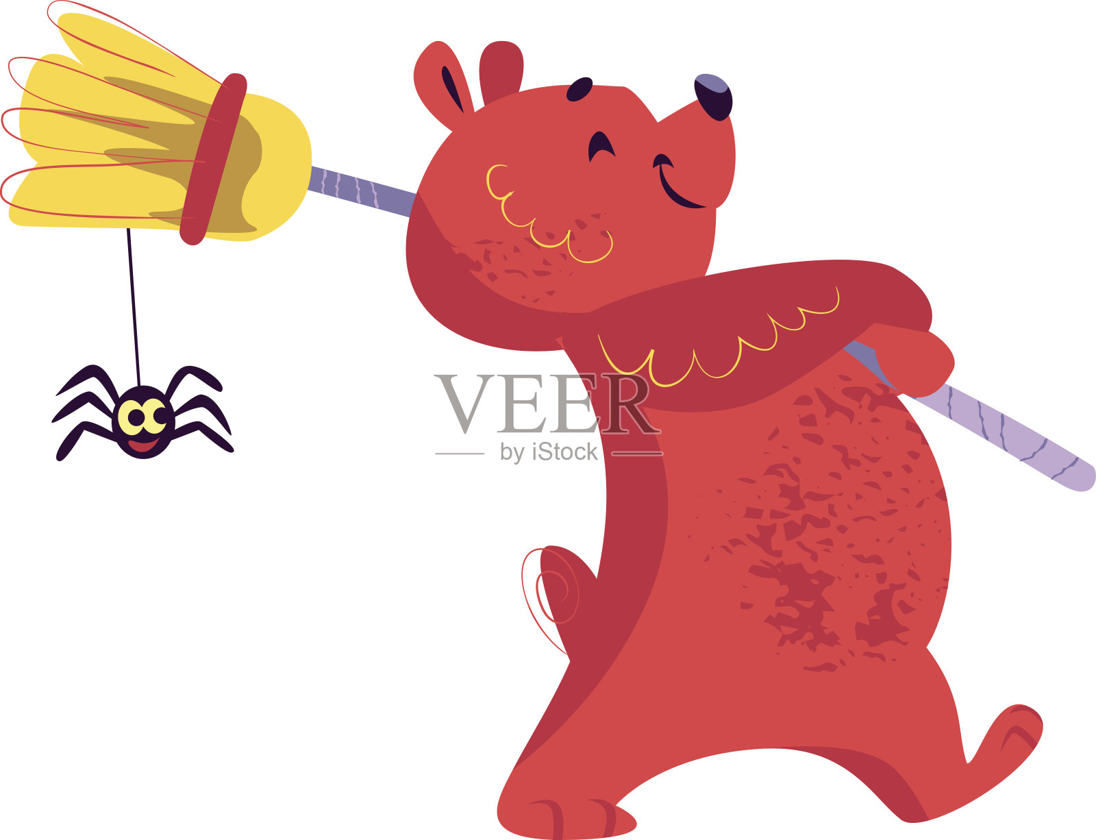 矢量平面卡通插图与万圣节有趣的熊人物行走与扫帚插画图片素材