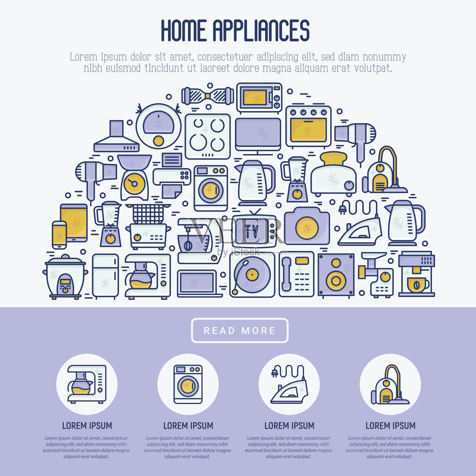 家用电器概念在半圆与细线图标:冰箱，咖啡机，微波炉，油炸锅和文字的地方。家用矢量插图横幅，网页，印刷媒体。插画图片素材