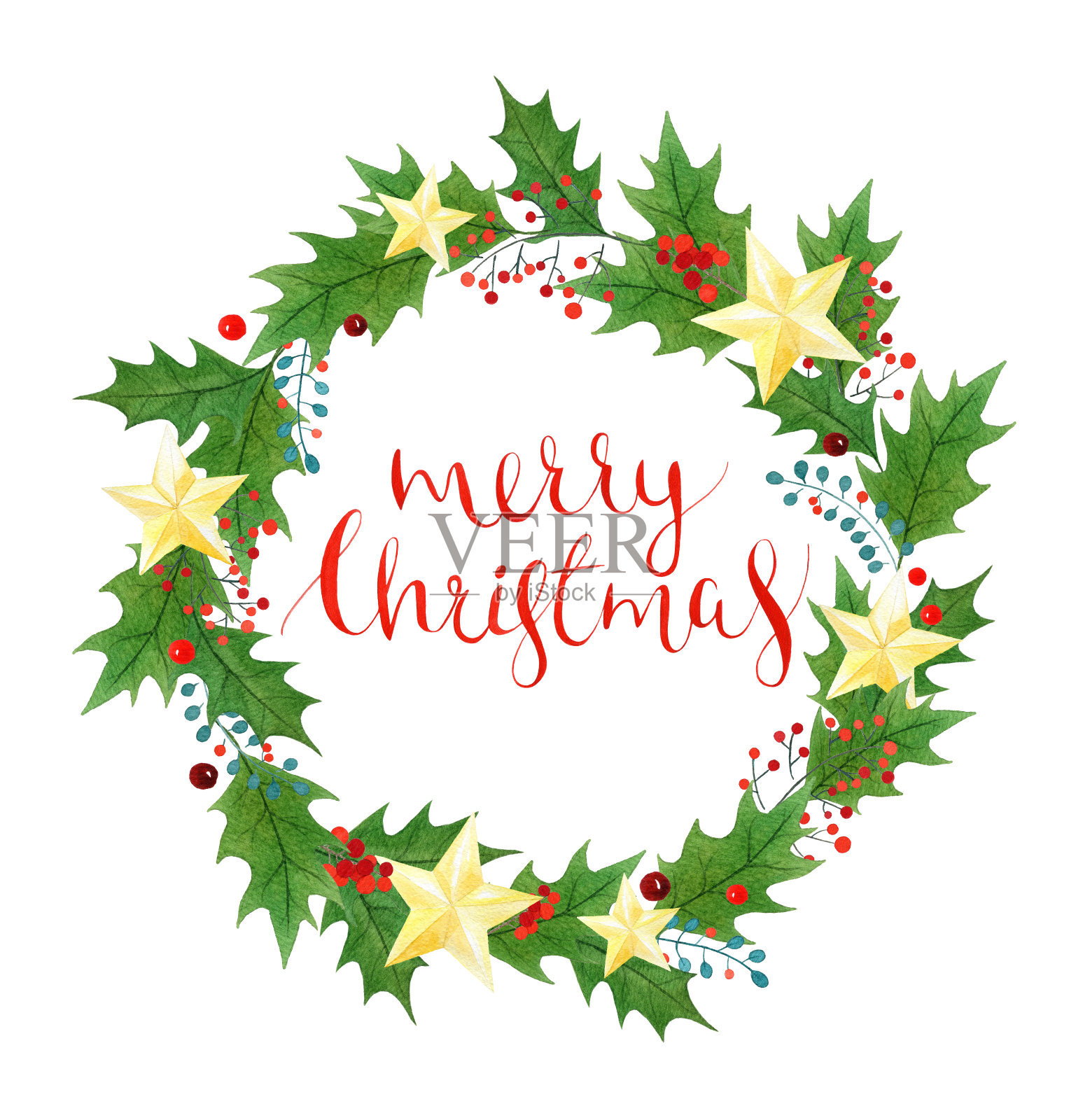 带有冬青浆果和树叶、金色星星和文字的圣诞节花环：手工水彩插画贺卡插画图片素材
