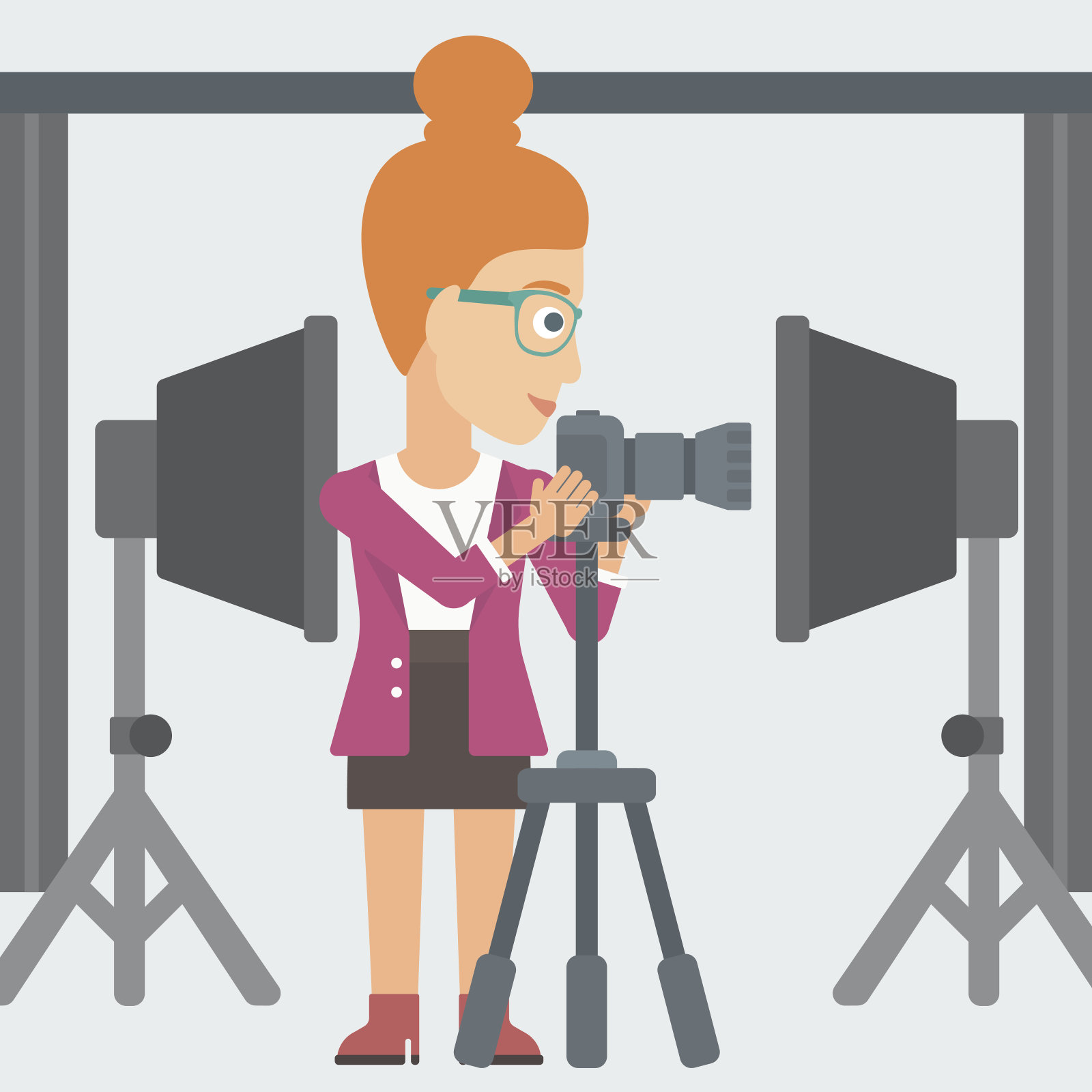 摄影师与相机在三脚架上工作插画图片素材