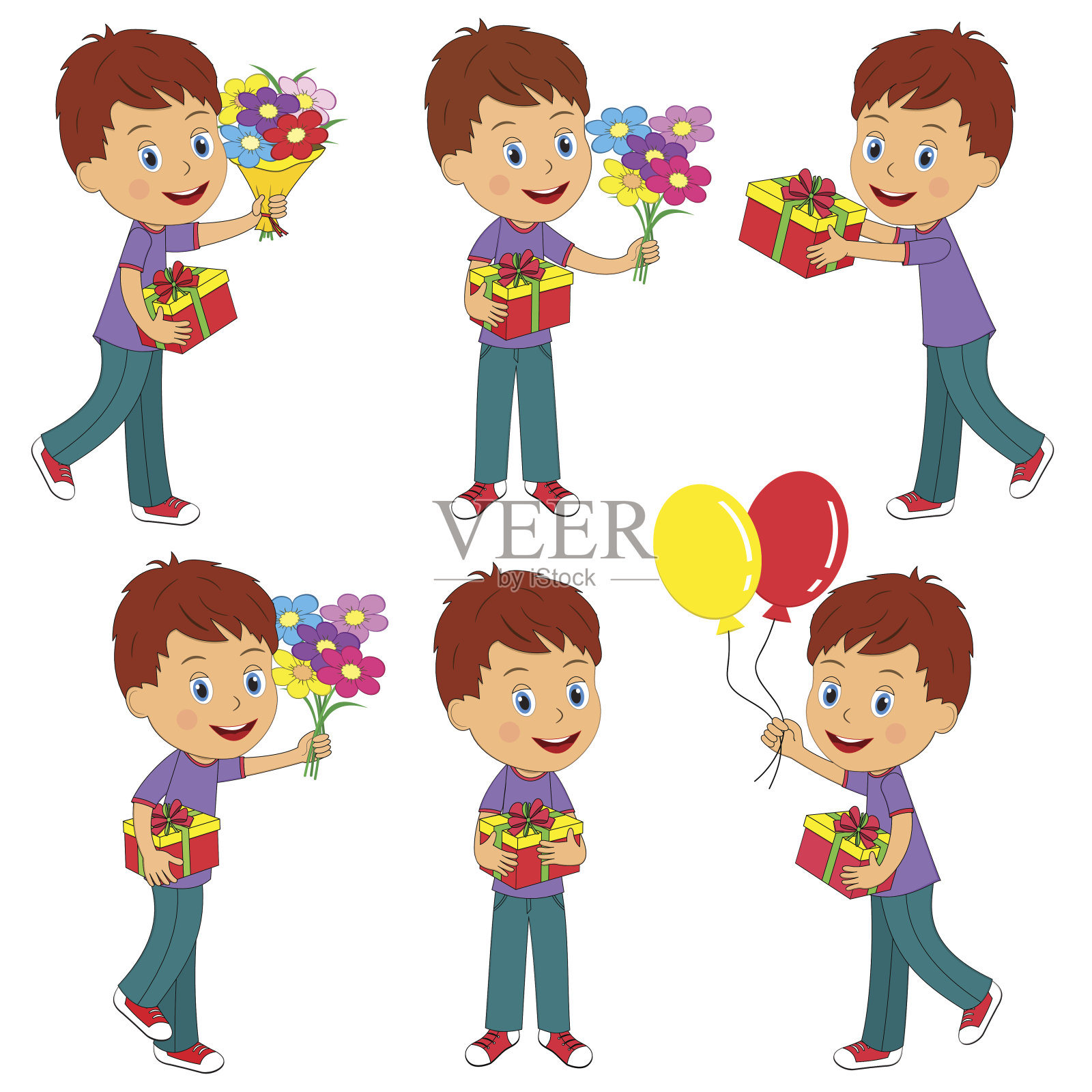 拿着鲜花和礼物的男孩插画图片素材