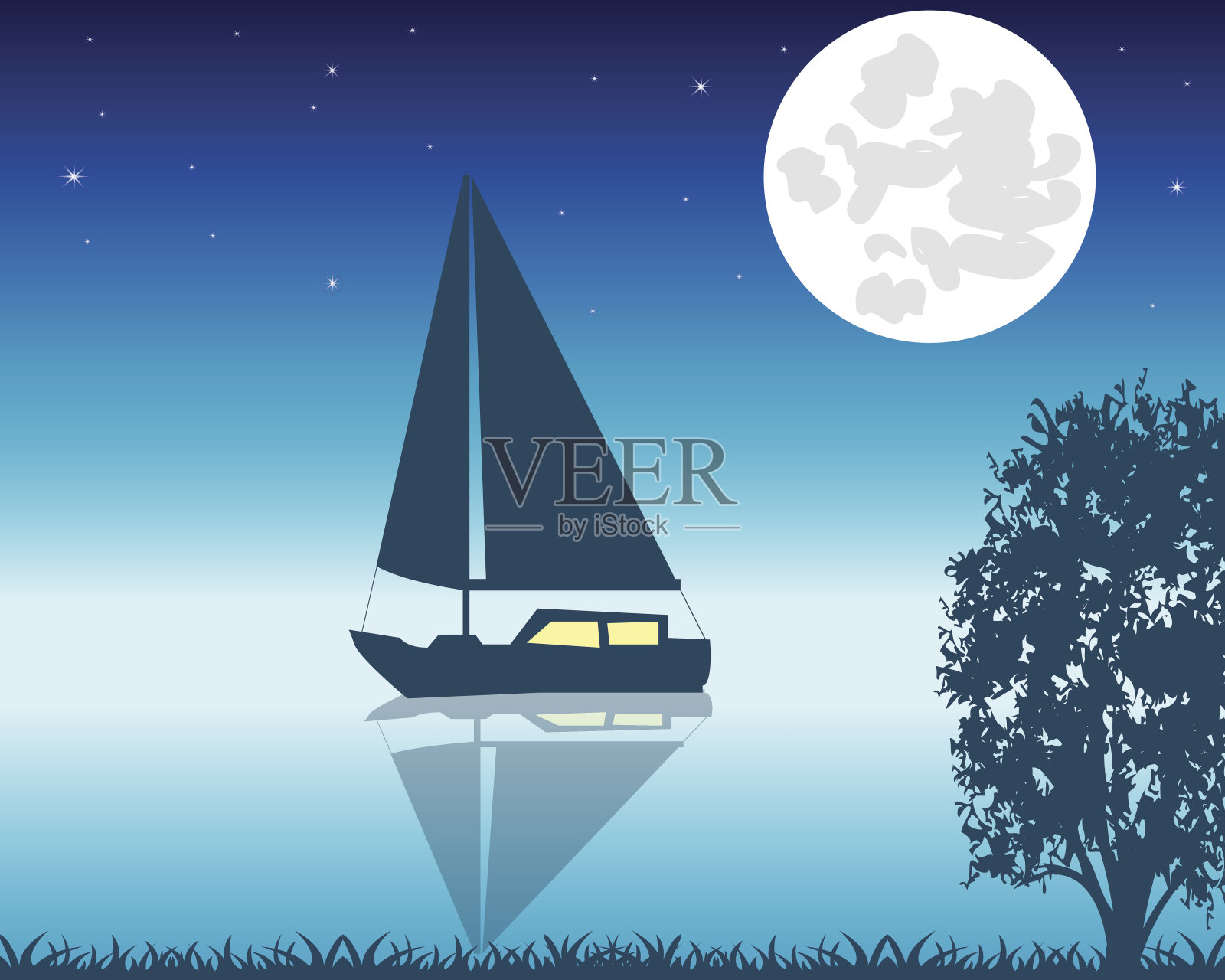 帆船在夜间乘船插画图片素材