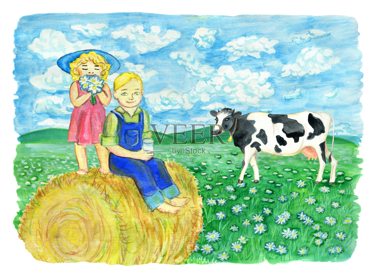 姐弟喝着牛奶坐在干草堆上插画图片素材