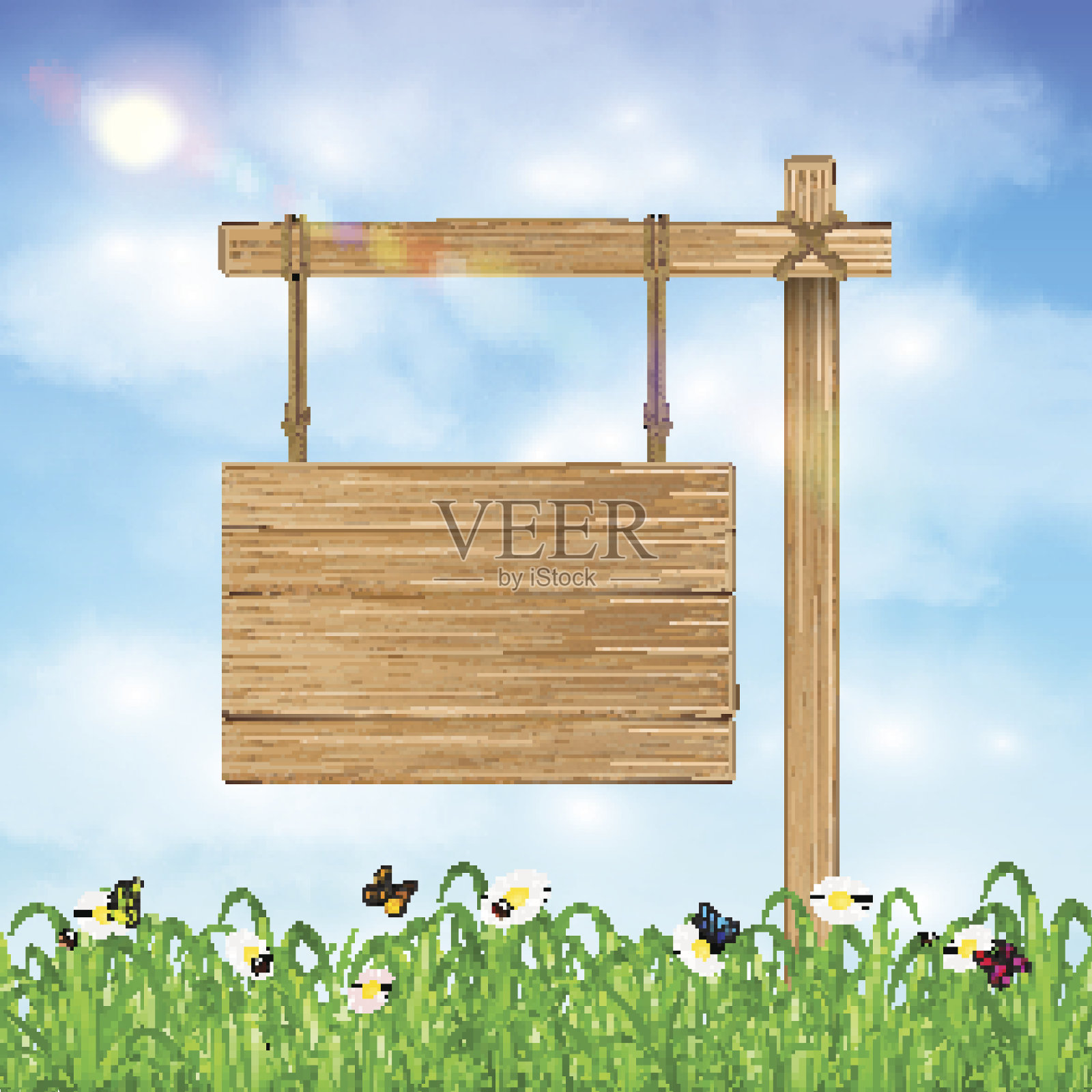 挂有草和天空的木板招牌插画图片素材
