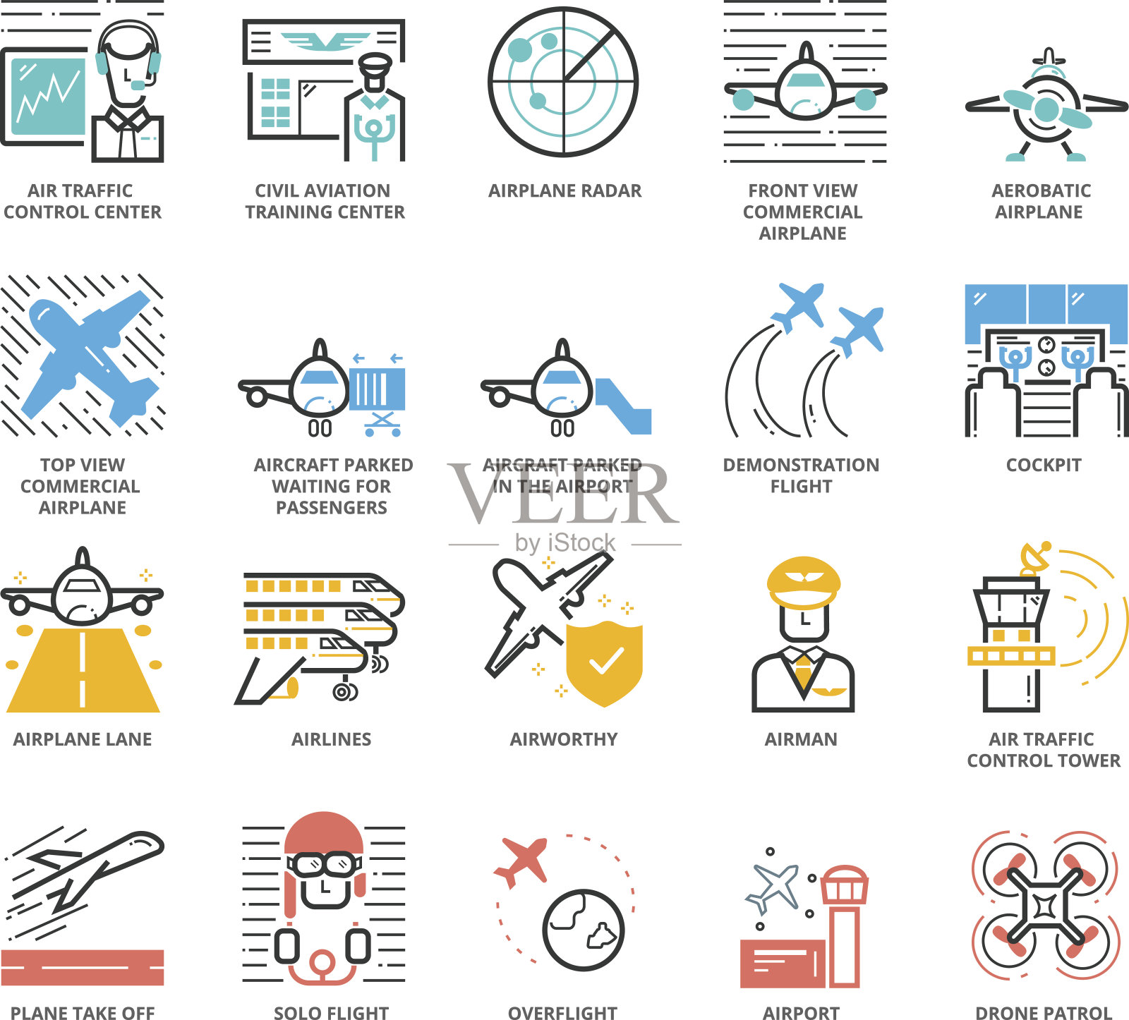 飞机和机场的颜色图标集图标素材
