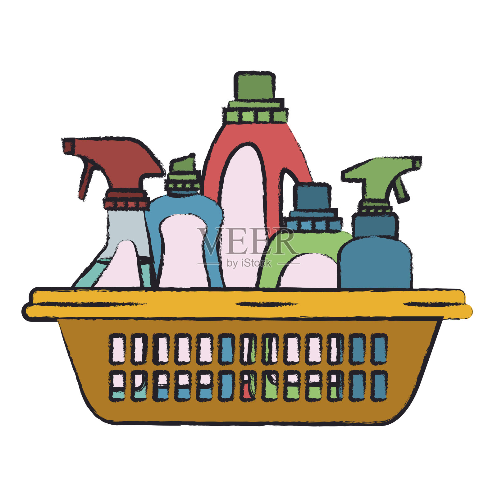 彩色模糊轮廓的清洁产品在塑料篮子设计元素图片