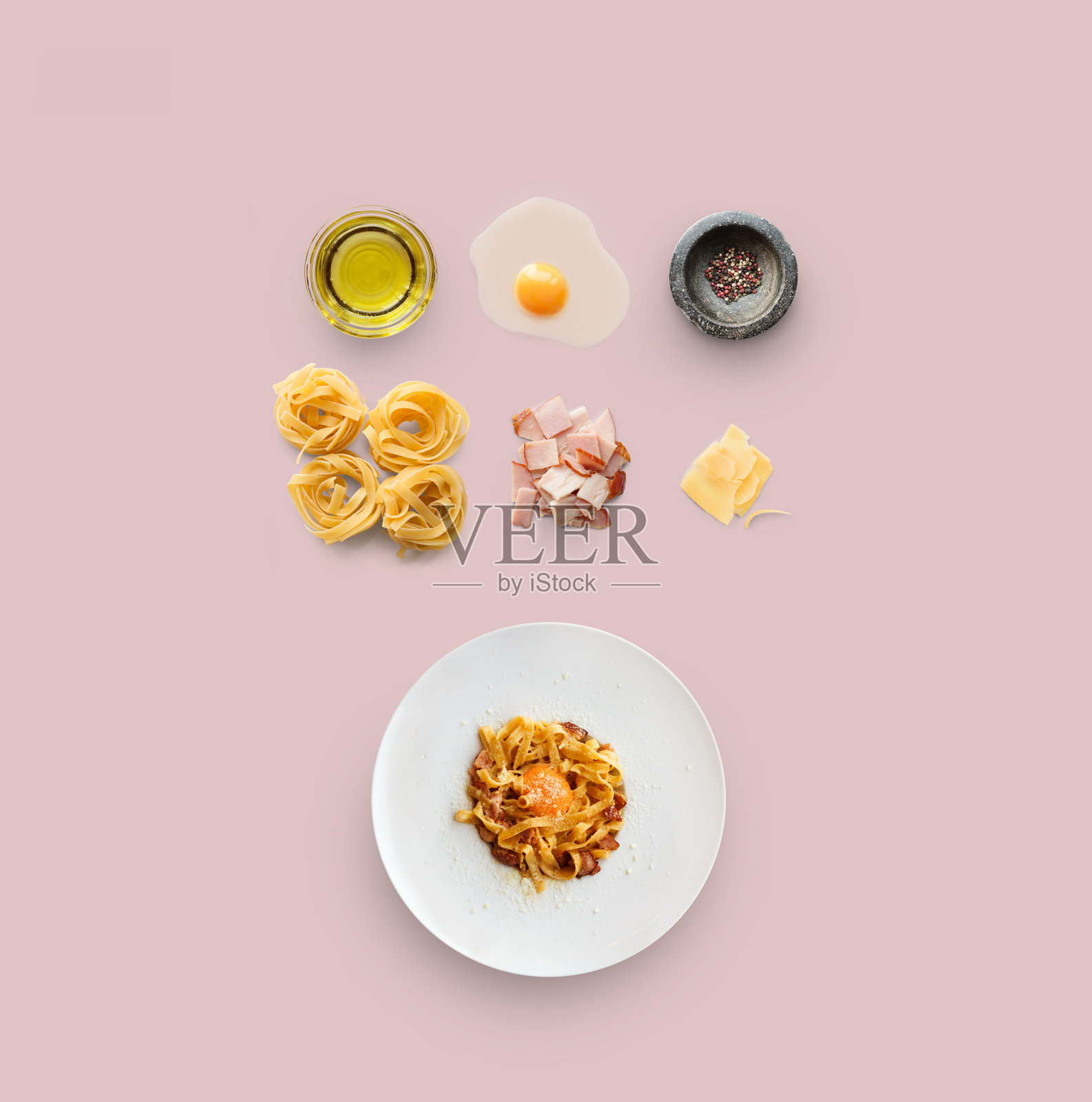 意大利面卡邦尼意面的烹饪食材，隔离在黄色背景上照片摄影图片