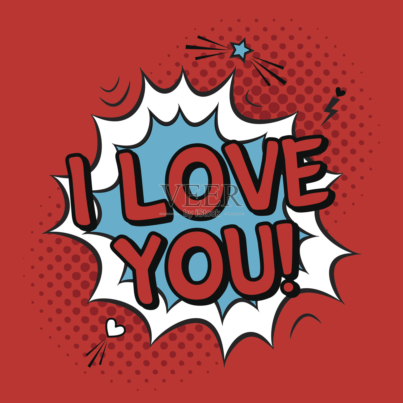 矢量彩色浪漫插图与“我爱你”的引述。情人节贺卡在现代漫画风格与半色调背景，泡沫飞溅，明星和心。插画图片素材