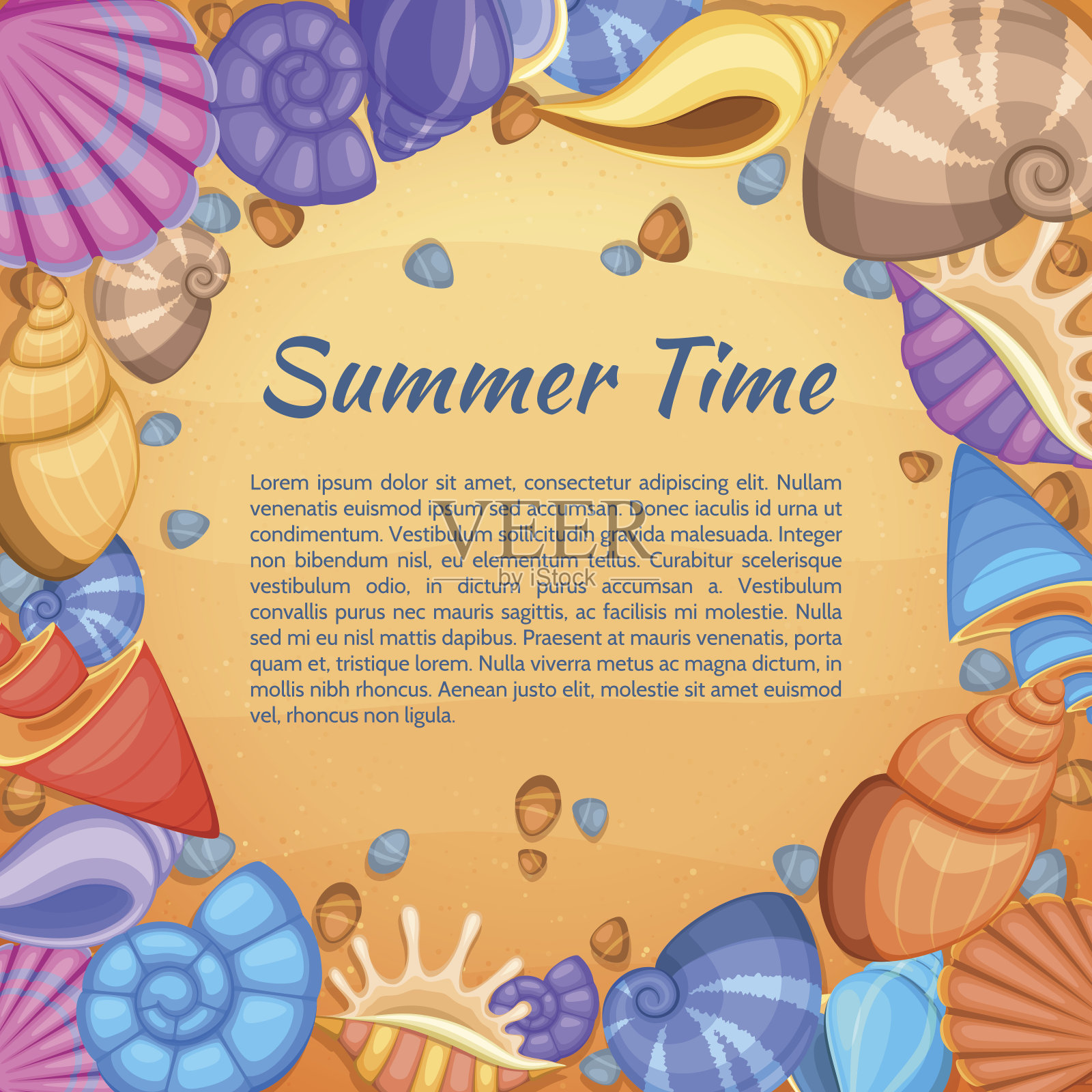 夏季旅游矢量卡与卡通海贝边框插画图片素材
