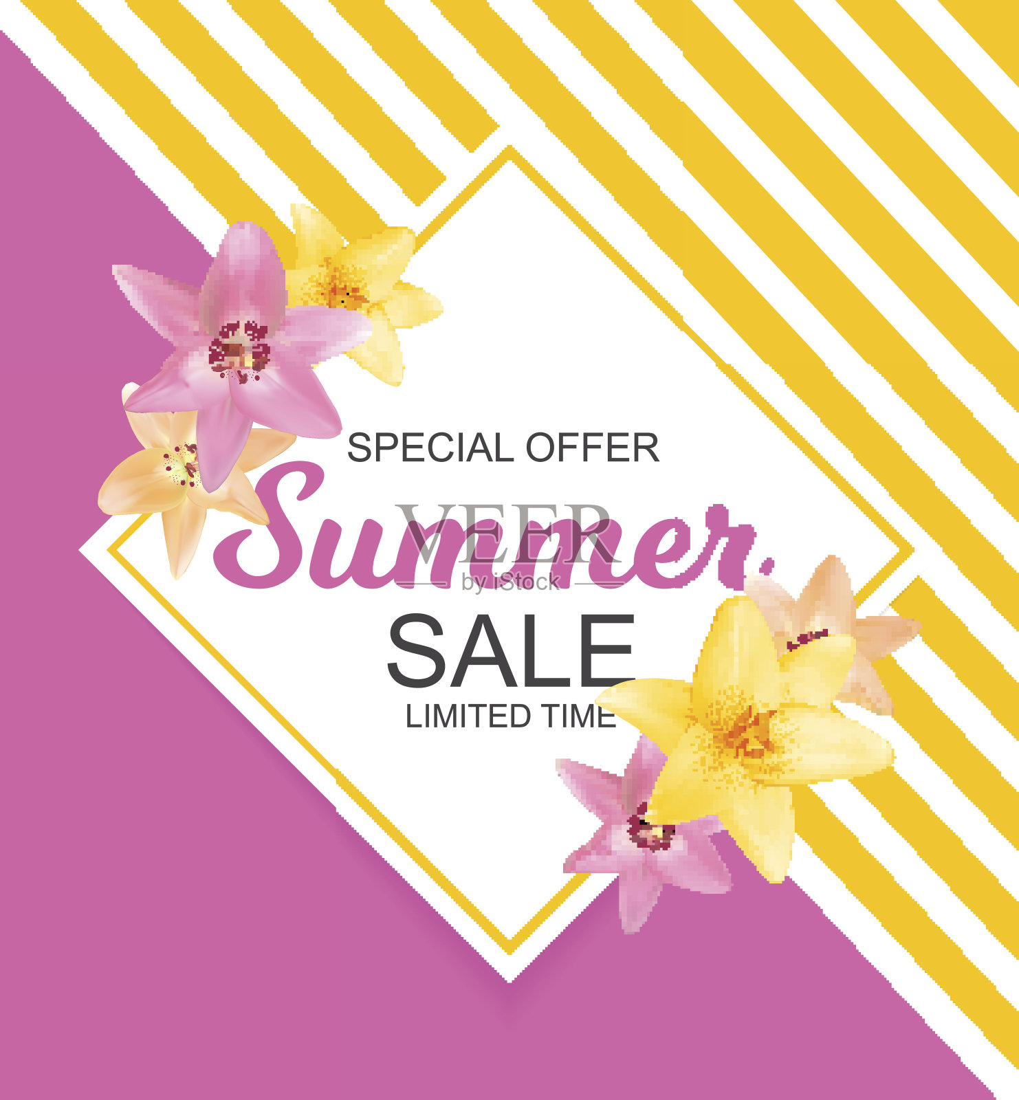 夏日销售横幅与百合花。可爱自然背景Ve插画图片素材