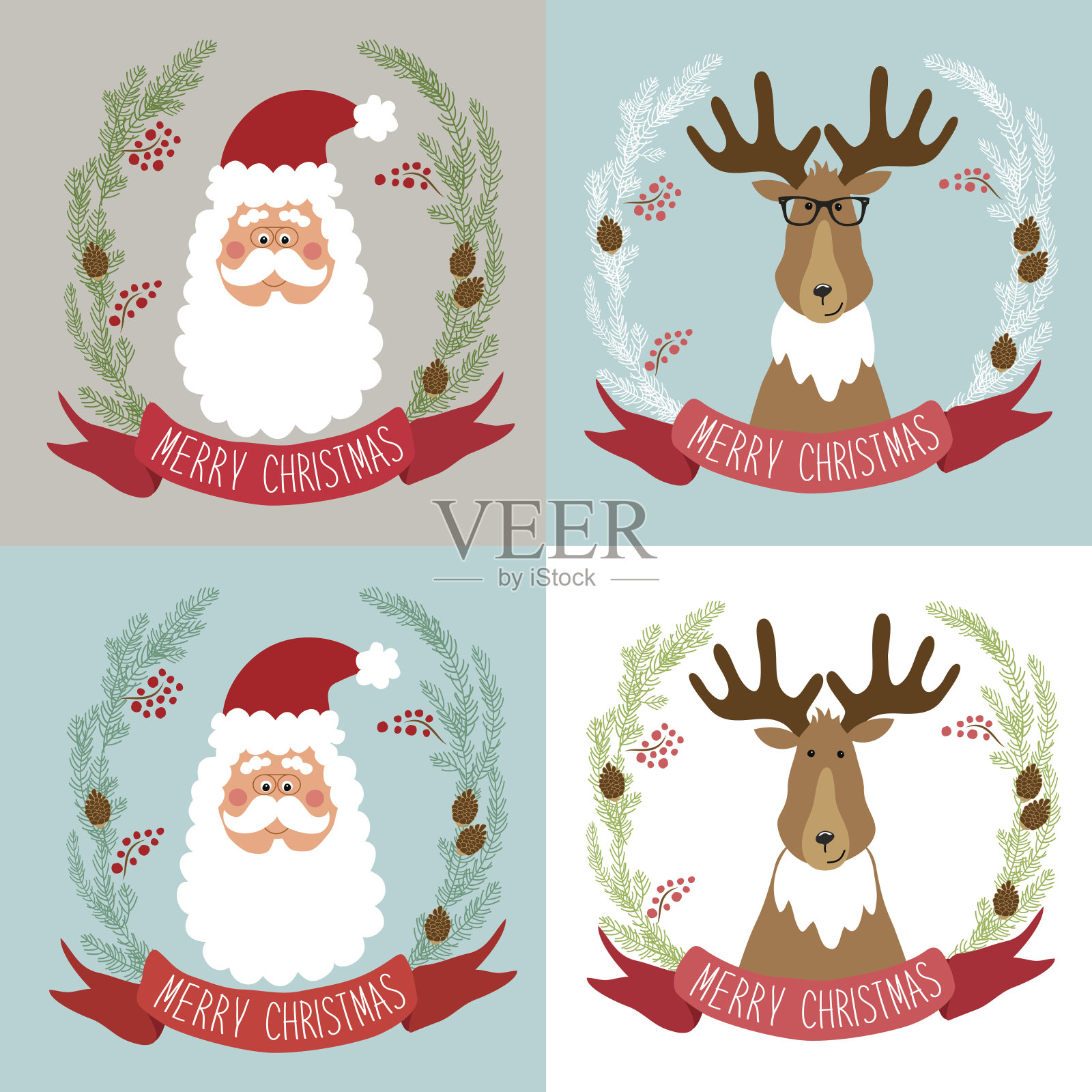 可爱的复古圣诞贺卡与有趣的卡通人物圣诞老人和驯鹿设计模板素材