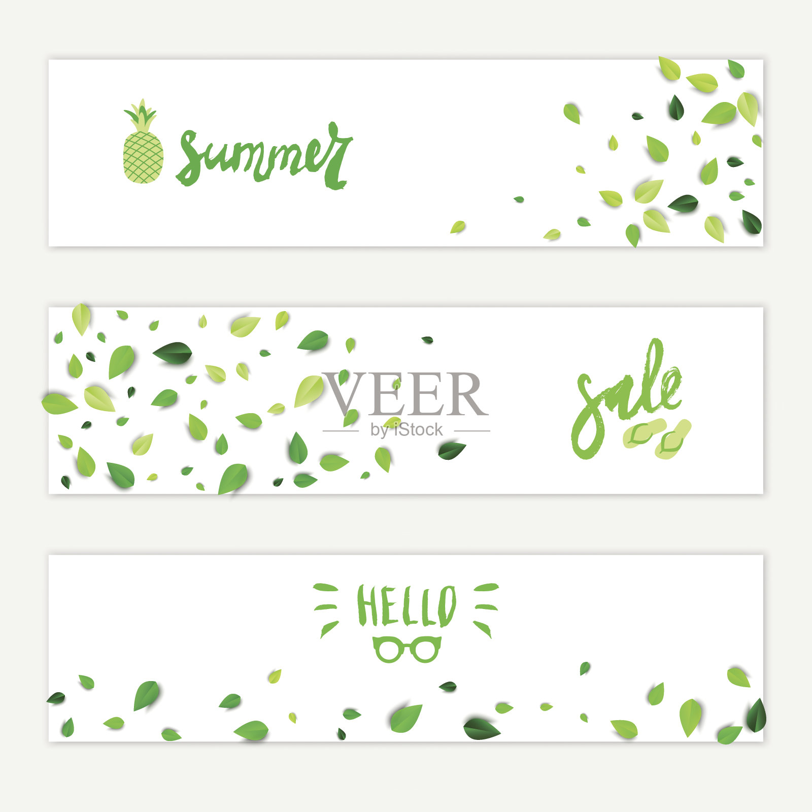 向量创意夏季水平横幅集分散的绿色3d树叶树叶。夏天的设计。都是隔离和分层的插画图片素材