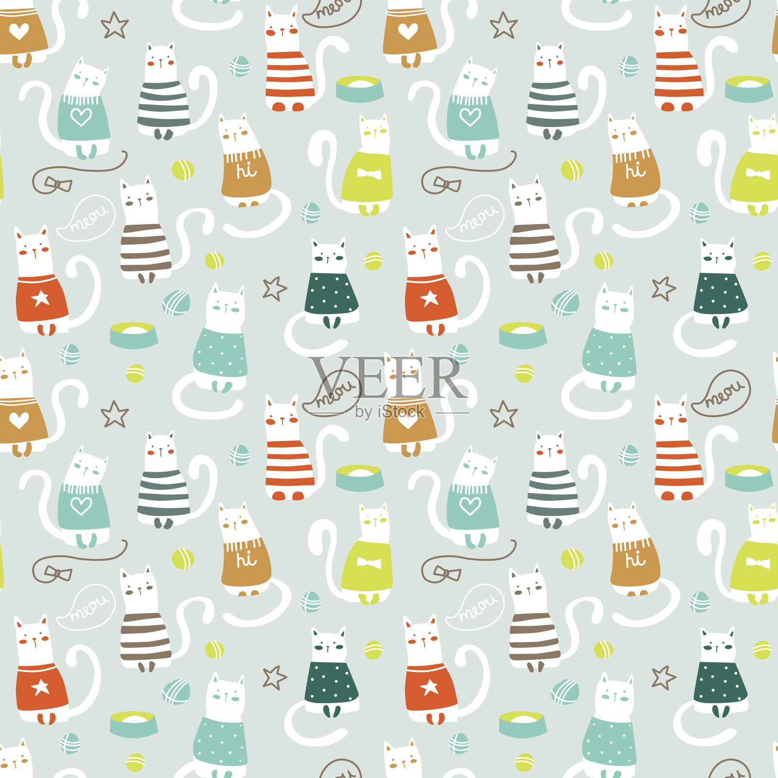无缝图案与卡通风格的滑稽小猫。微笑和玩猫插画图片素材