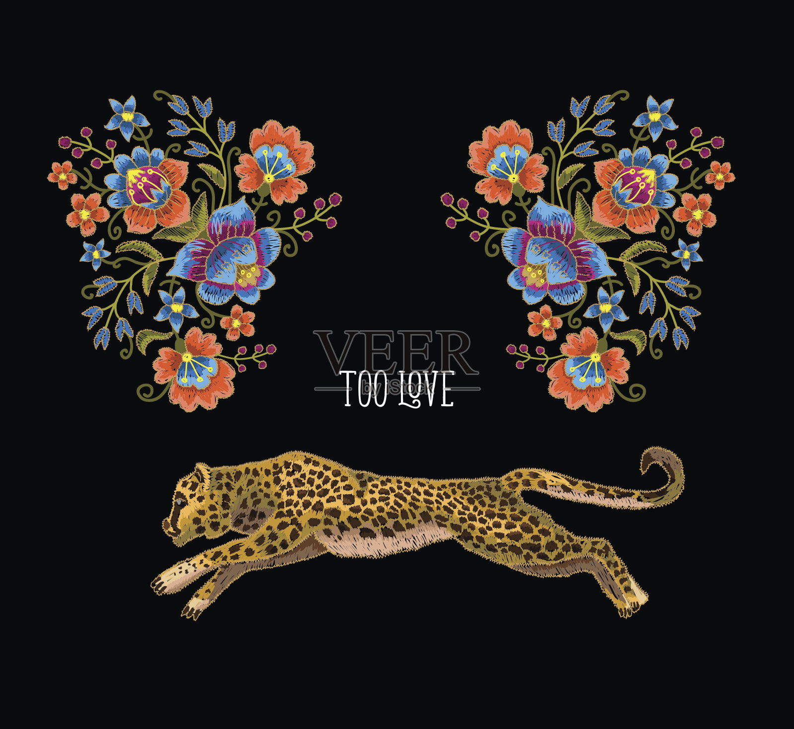 用鲜花豹。矢量刺绣补丁的纺织品设计。插画图片素材