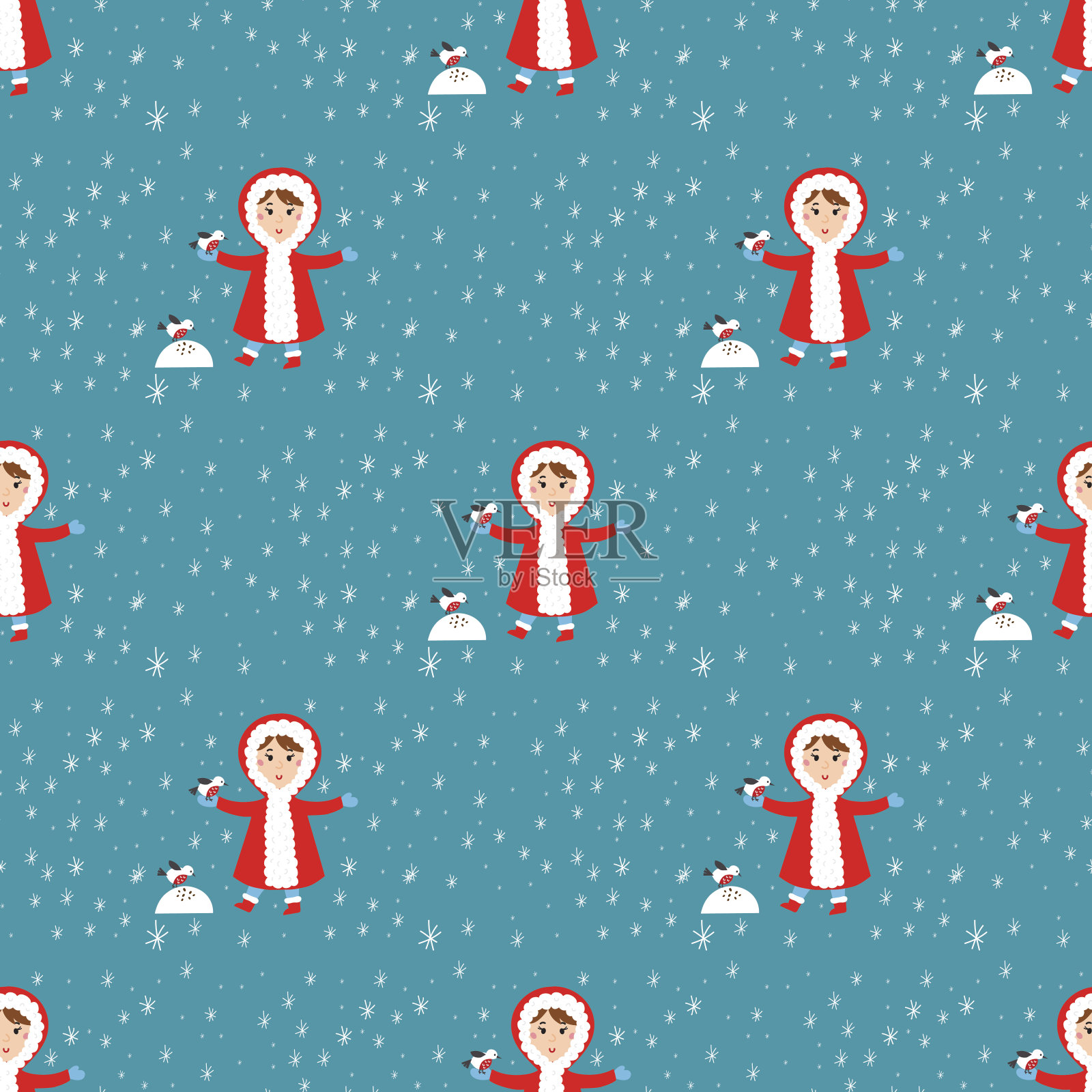 圣诞小朋友玩冬季游戏儿童无缝图案雪球卡通新年假期矢量人物插图插画图片素材