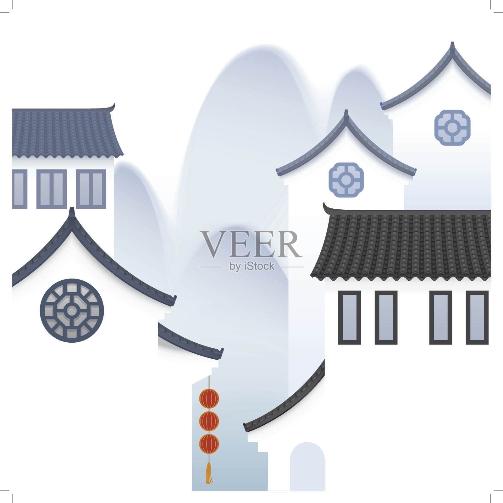 中国古镇以山为背景插画图片素材