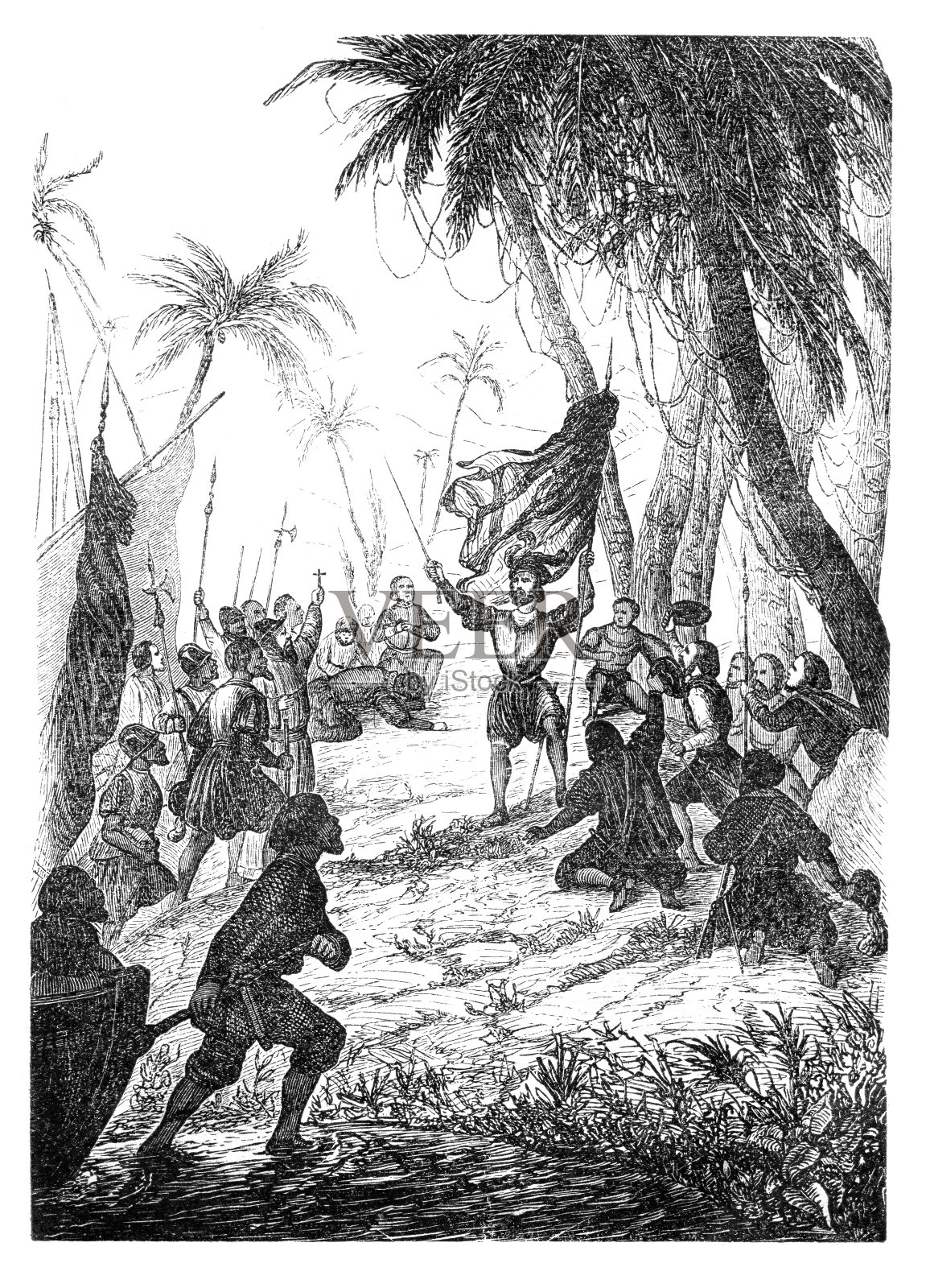 1492年，克里斯托弗·哥伦布在巴哈马登陆插画图片素材