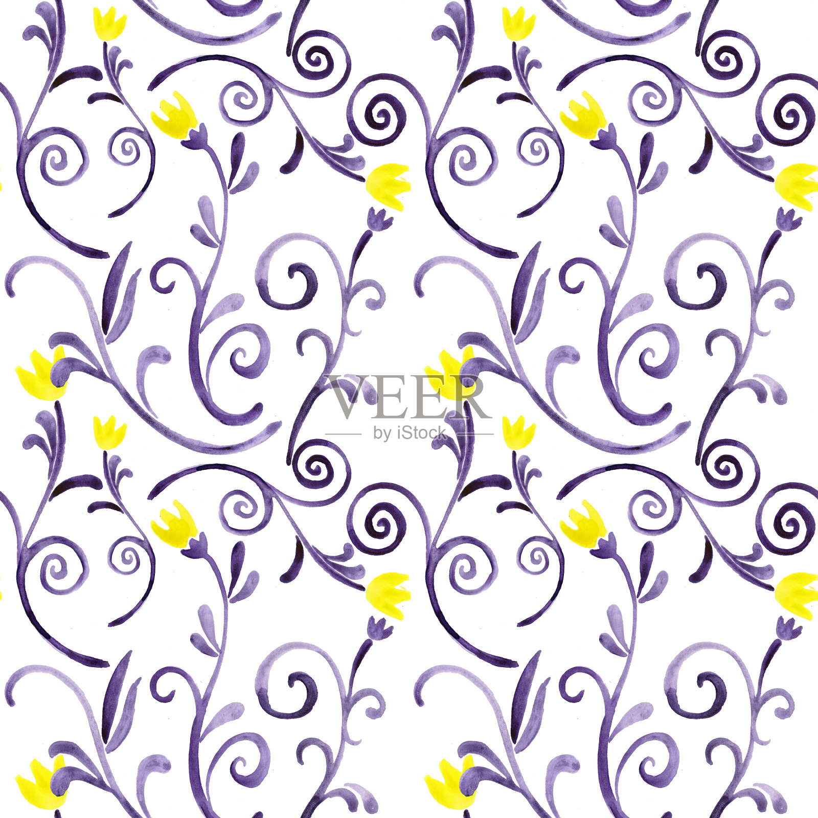 水彩图案有植物和花卉，紫色和黄色图案交织插画图片素材