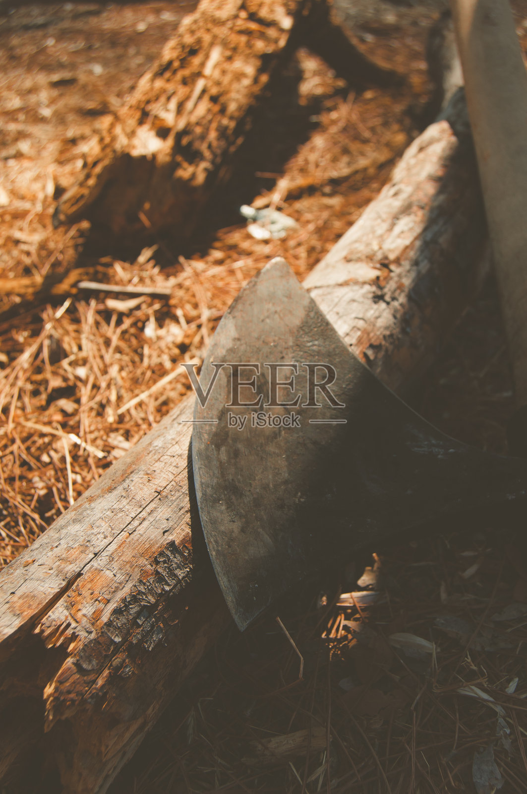 近距离的一个斧头与一对木柴照片摄影图片