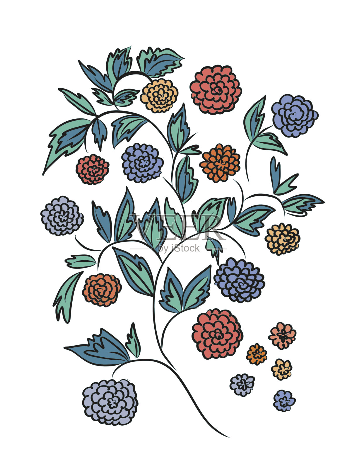 花卉图案，刺绣图案。彩色矢量插图手绘。幻想花叶子。t恤的设计。插画图片素材