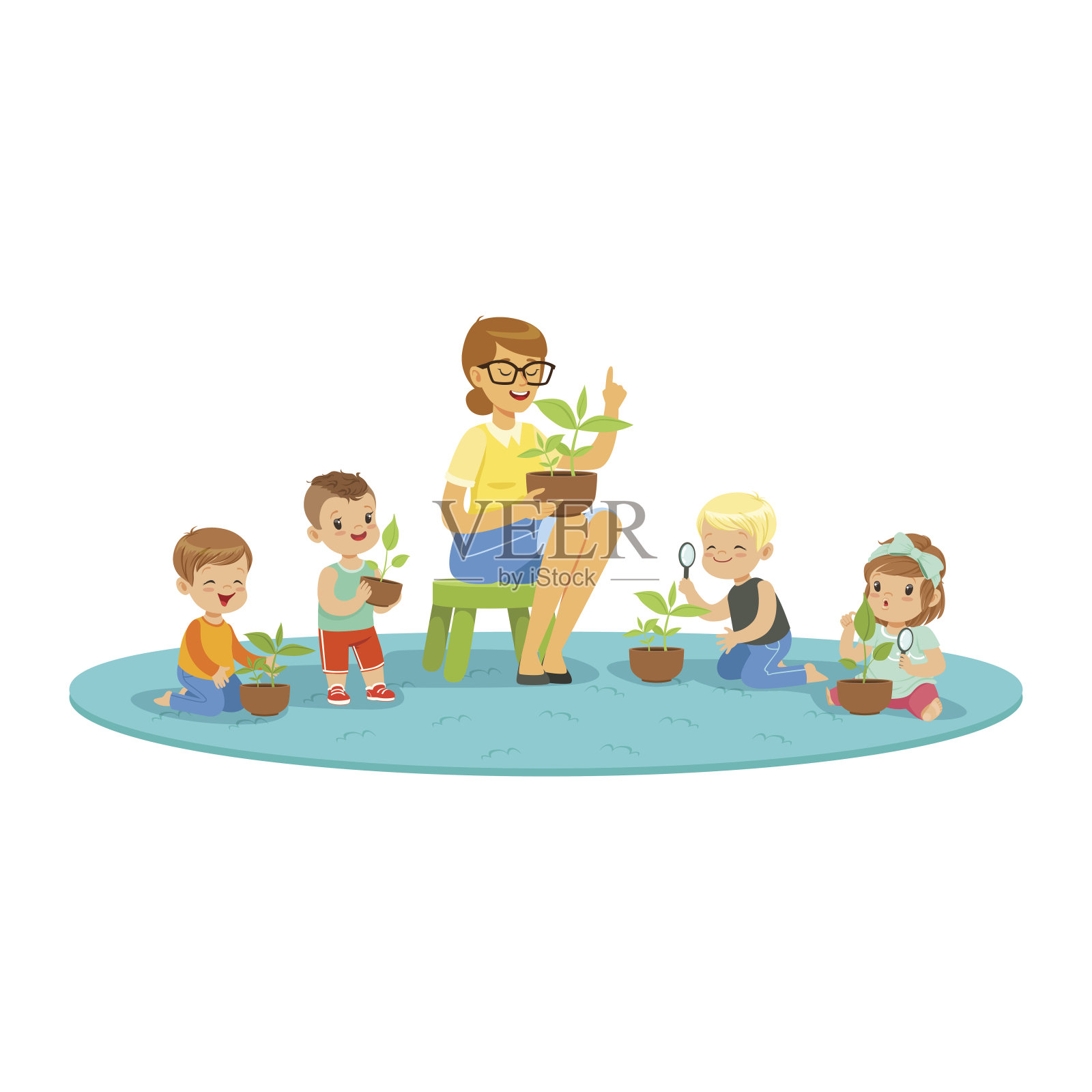 老师和孩子们在植物学课上学习植物，孩子们通过放大镜看彩色详细的卡通矢量插图插画图片素材