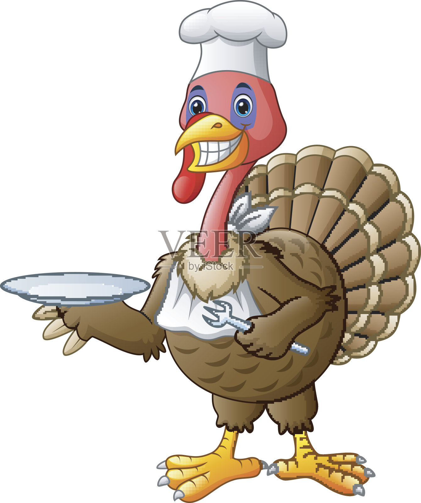 用盘子和叉子的火鸡厨师快乐插画图片素材