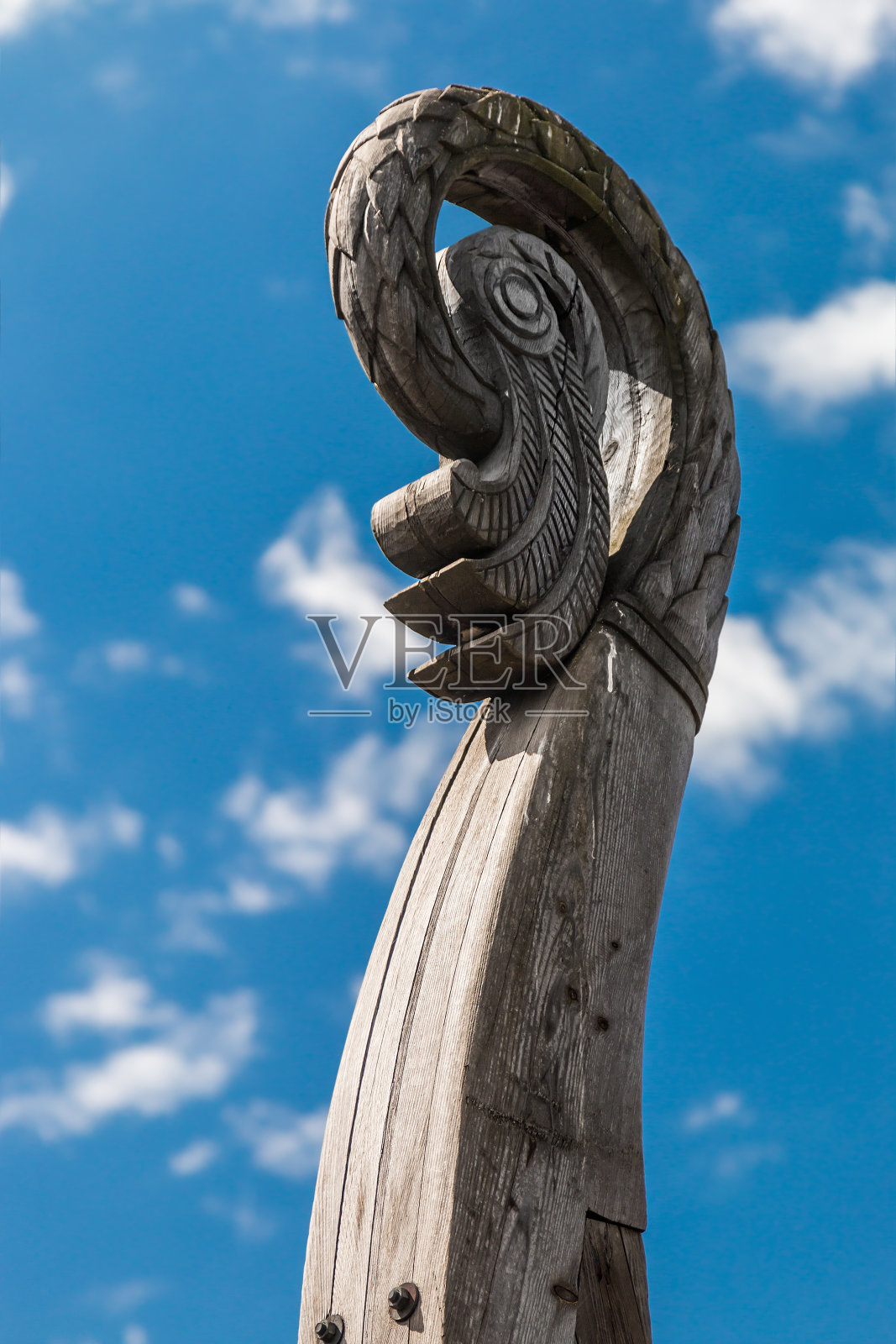 在维京德拉卡船上雕刻的鸟头照片摄影图片