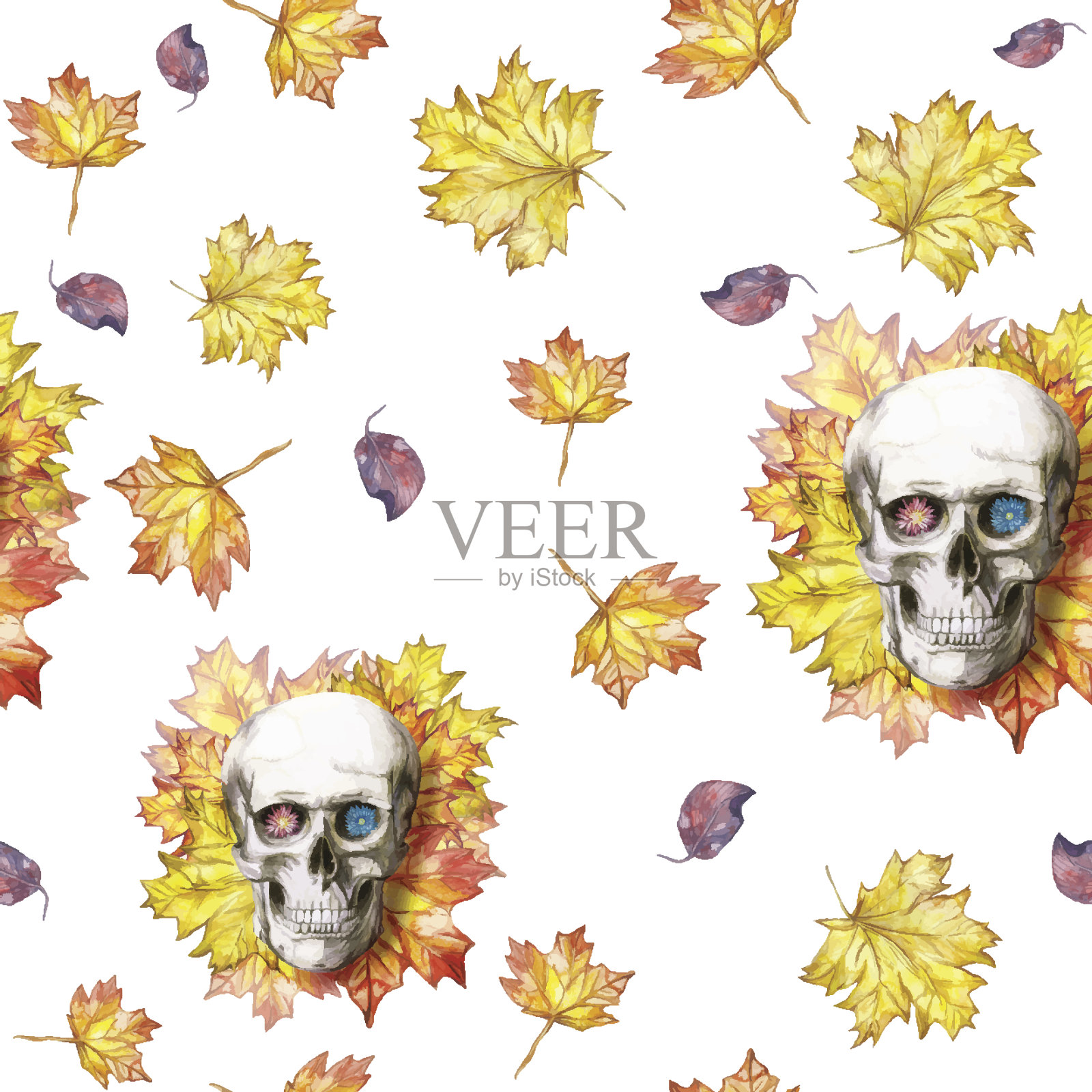 水彩画无缝背景人头骨万圣节与秋天黄叶和花在眼窝印刷，装饰在白色的背景插画图片素材