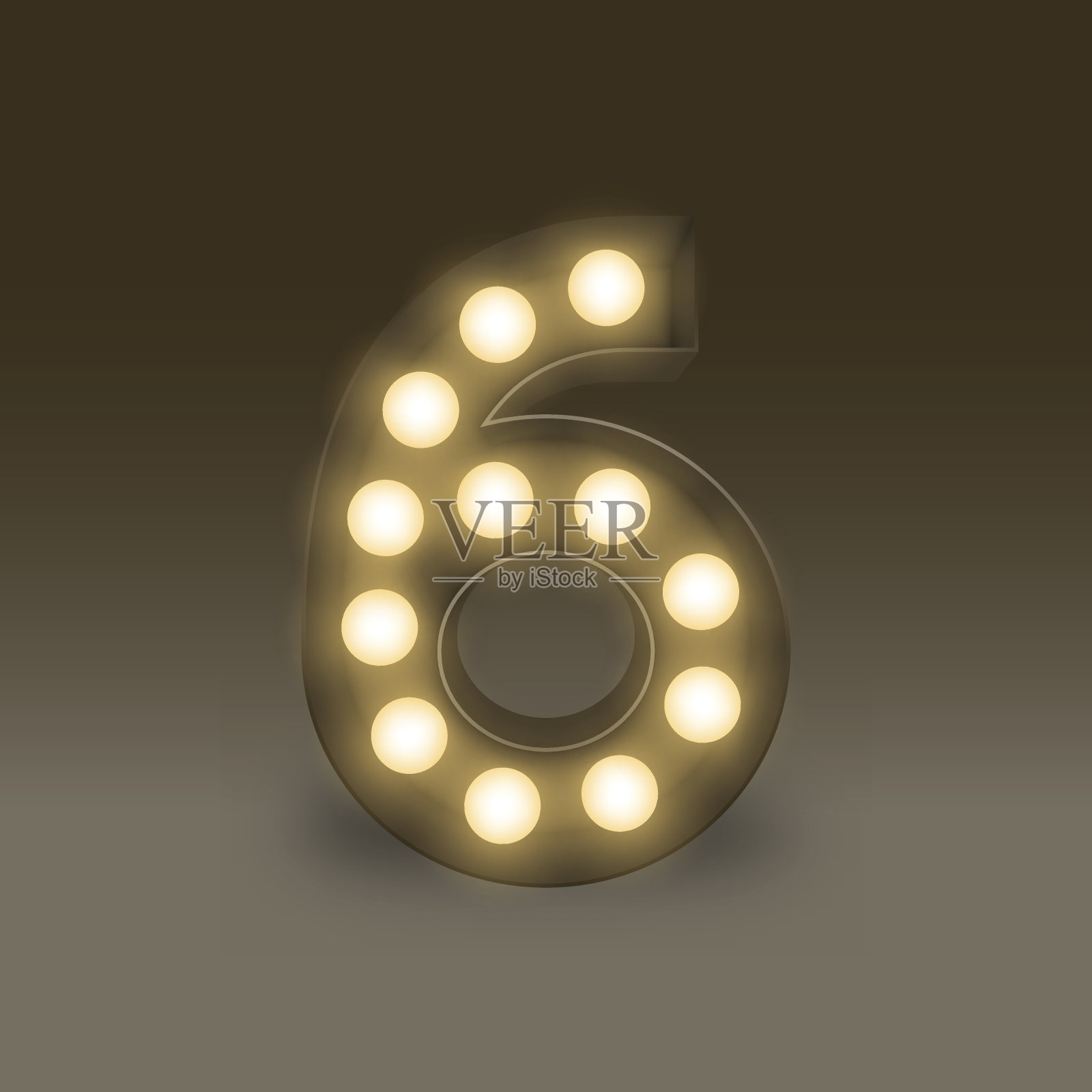 字母数字6或6，在字母表白炽灯灯箱组，插图复古3D风格孤立辉光在黑暗的背景插画图片素材