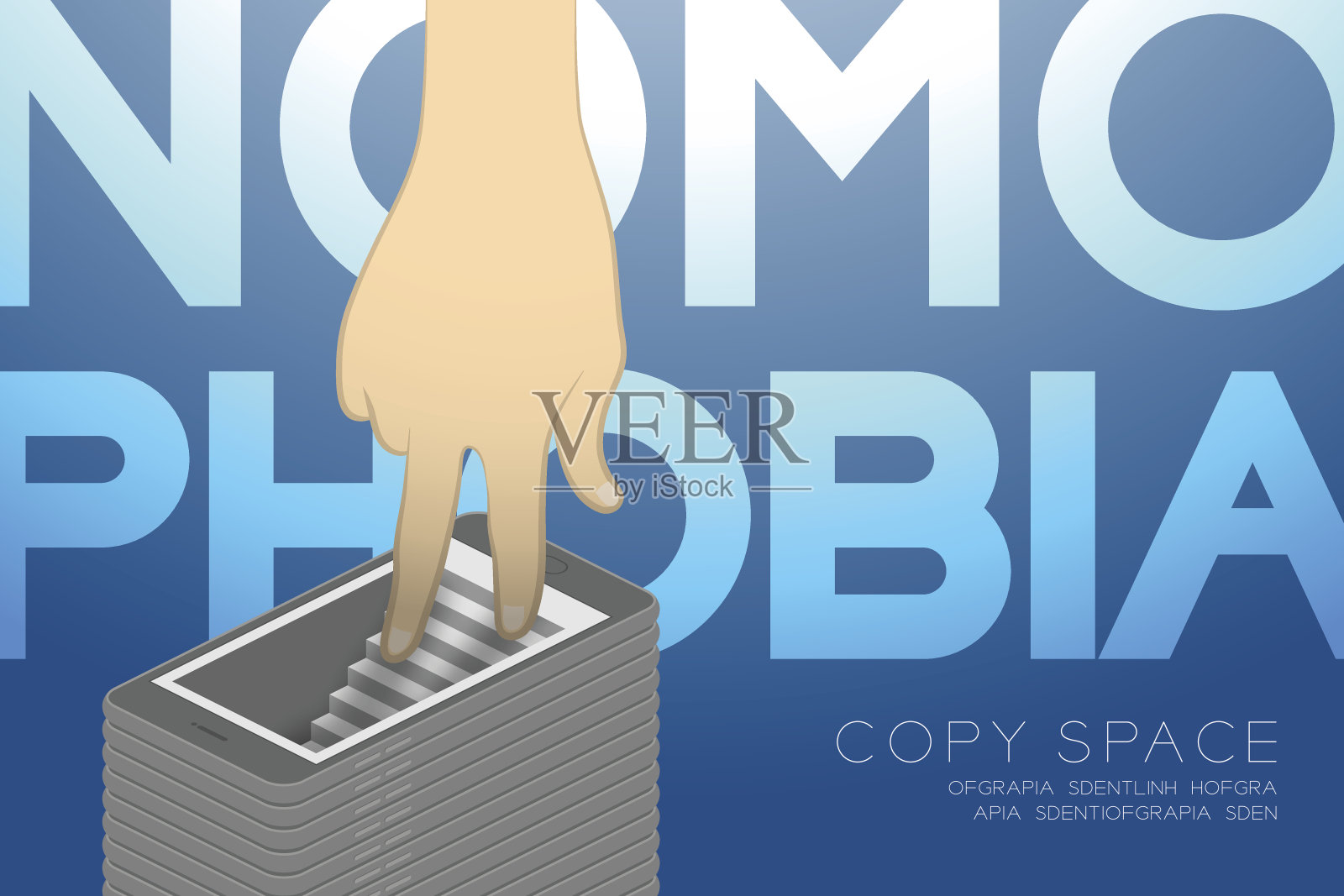 无手机恐惧症综合征智能手机成瘾概念等距平面设计，手指走进智能手机插图孤立在蓝色渐变背景，与复制空间设计模板素材