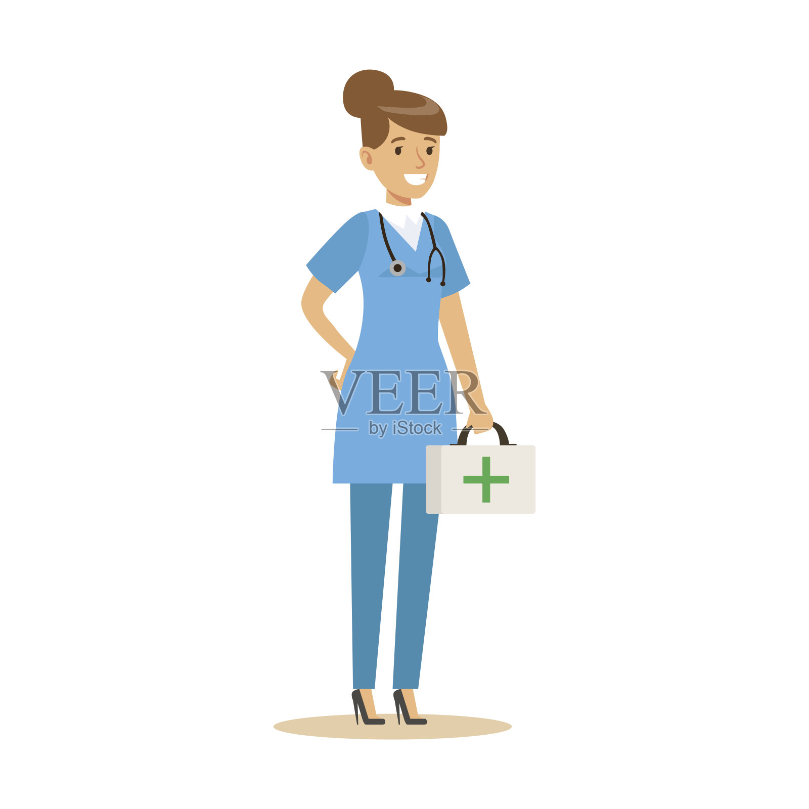 女医生角色在蓝色制服站与急救箱矢量插图插画图片素材