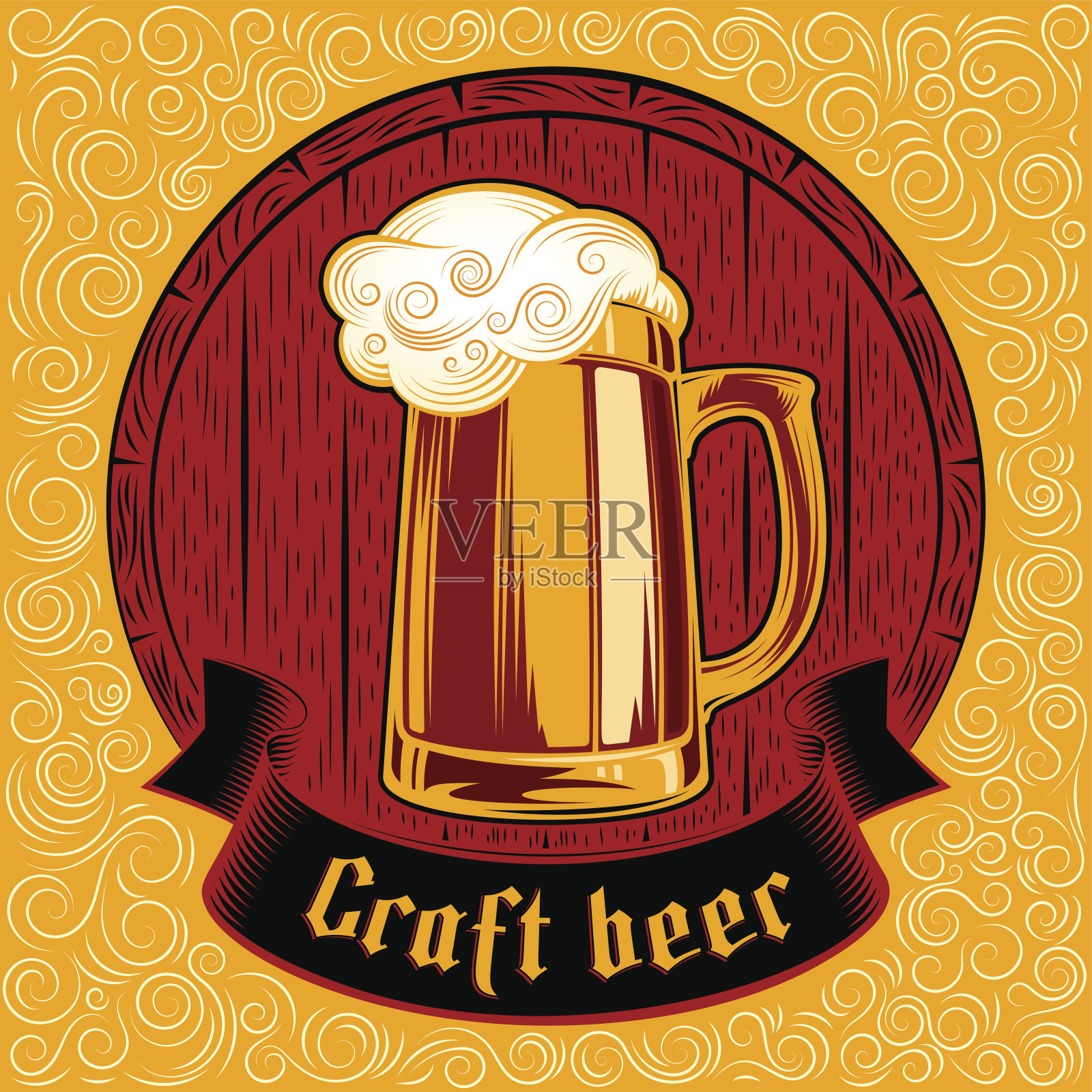 啤酒玻璃桶泡沫工艺啤酒背景漩涡彩色邮票插画图片素材