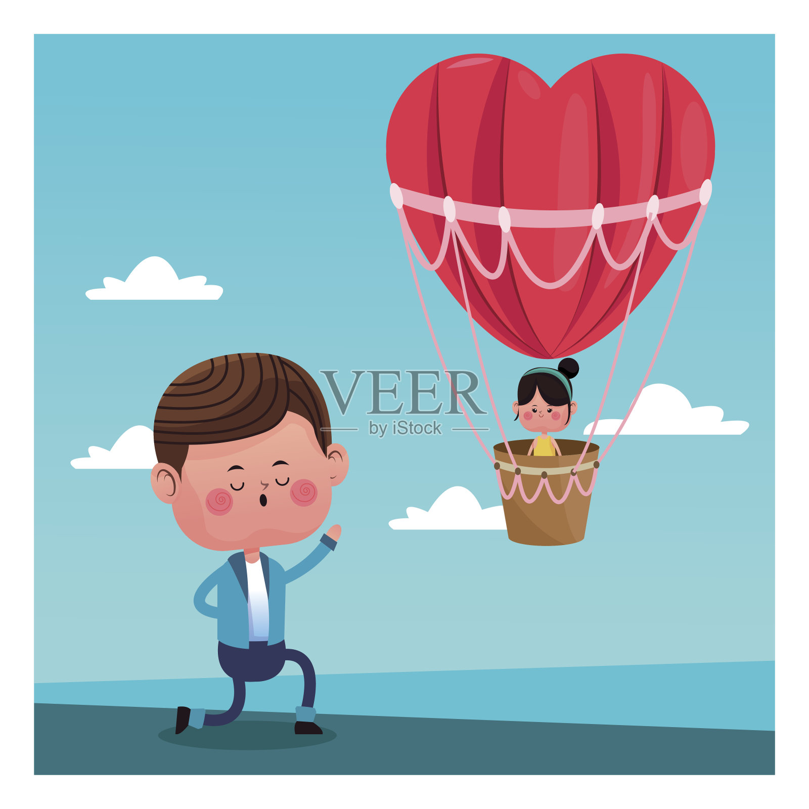 男生求婚女生飞心热气球情人节插画图片素材