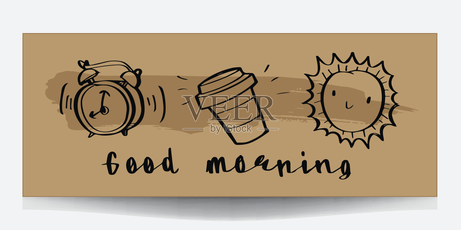 棕色纸张上的涂鸦风格矢量插画，早安短语和元素插画图片素材