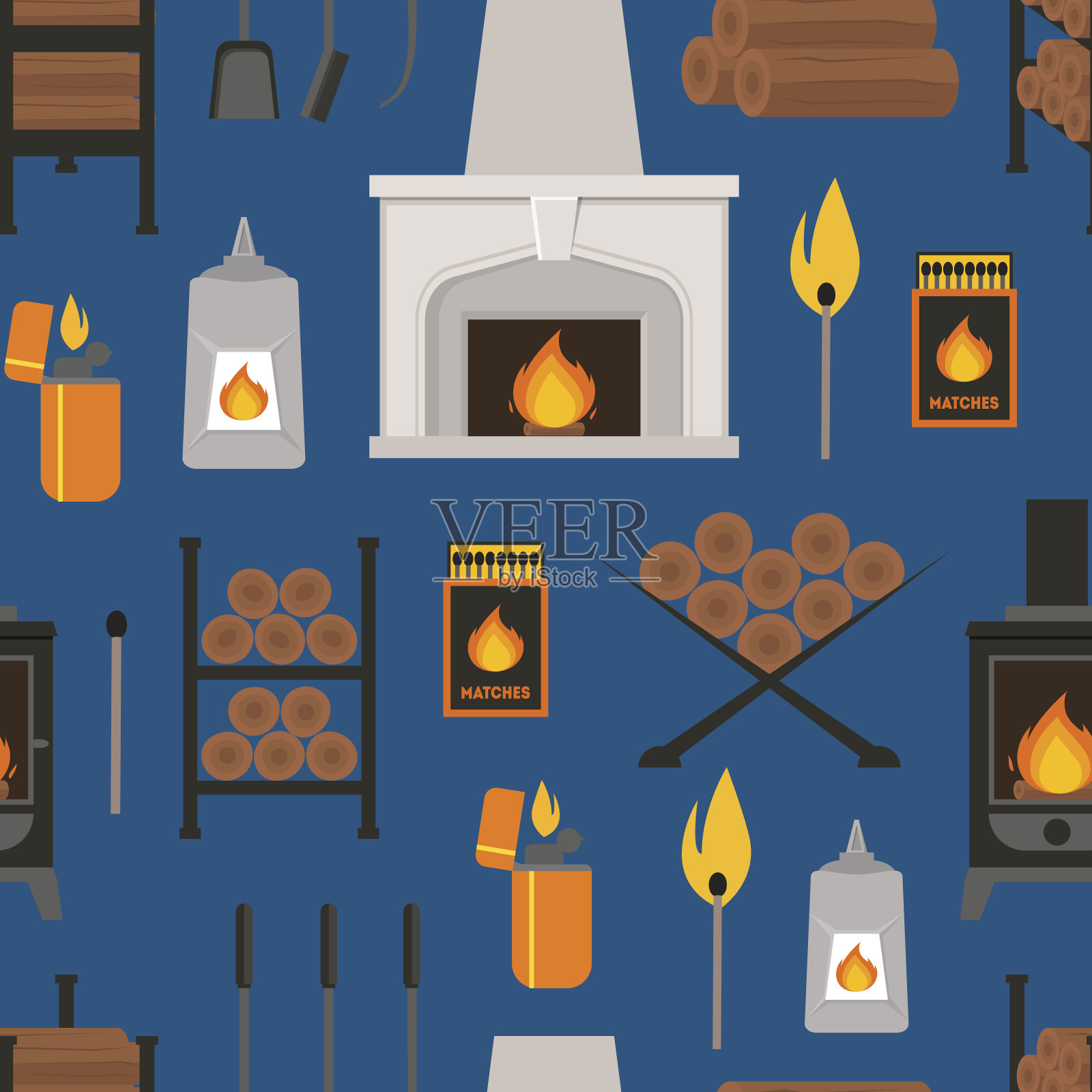 卡通壁炉背景图案。向量插画图片素材
