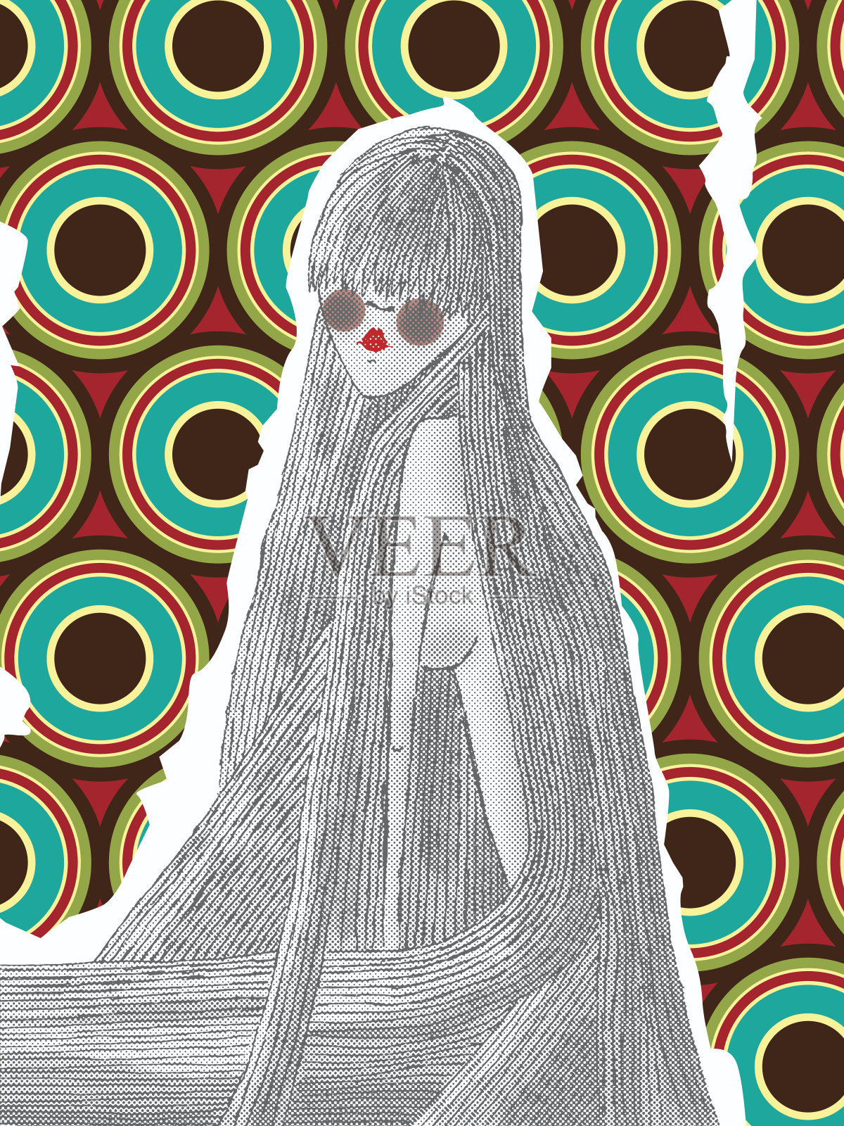 长发女人与复古背景插画图片素材