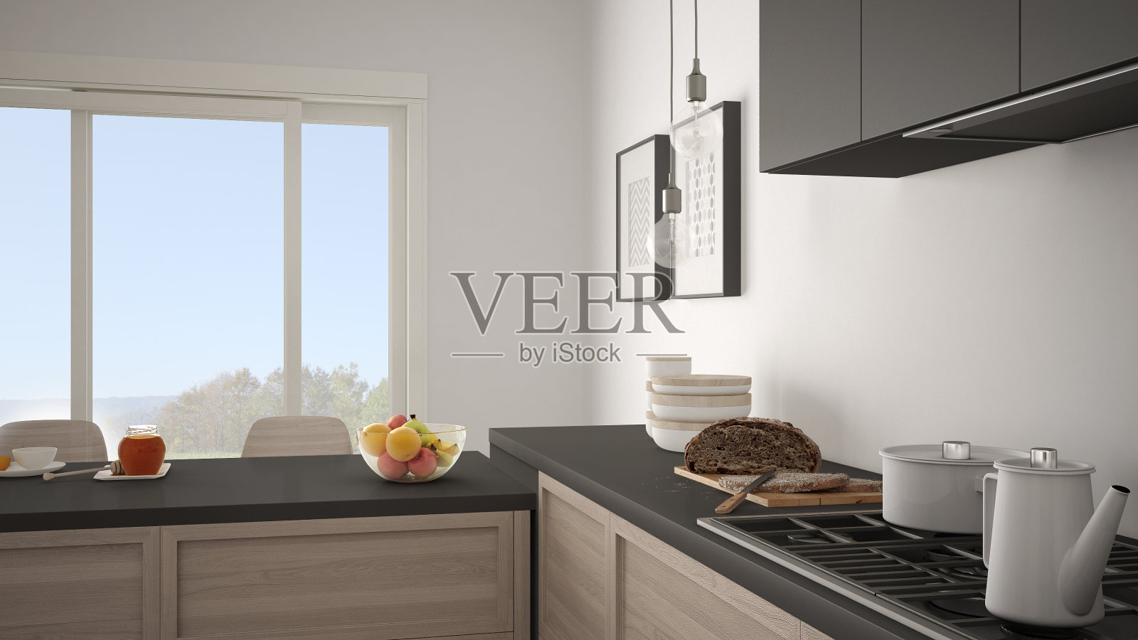 现代厨房的木制细节和拼花地板，健康的早餐，简约的白色和灰色的室内设计照片摄影图片