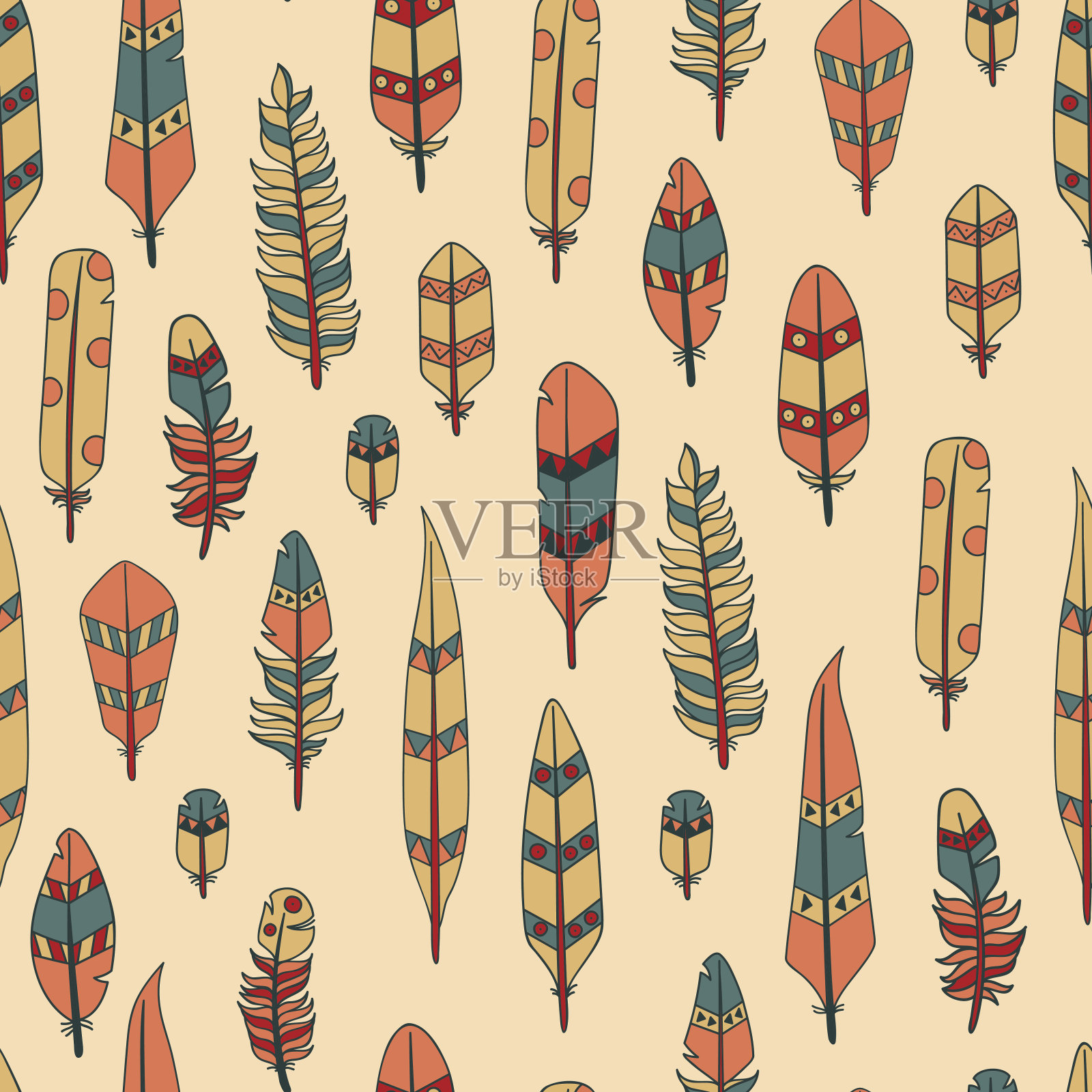 矢量手绘制无缝模式与羽毛插画图片素材
