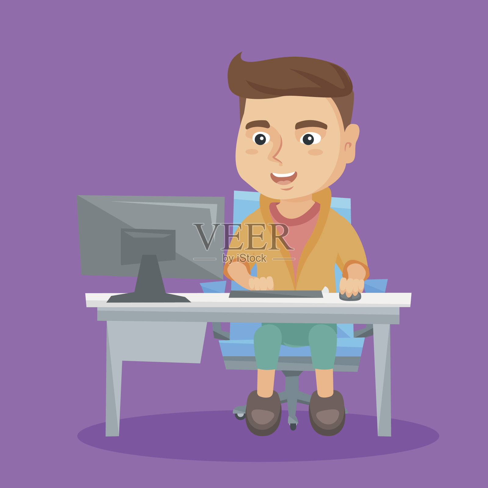 一个白人学生在家用电脑工作插画图片素材