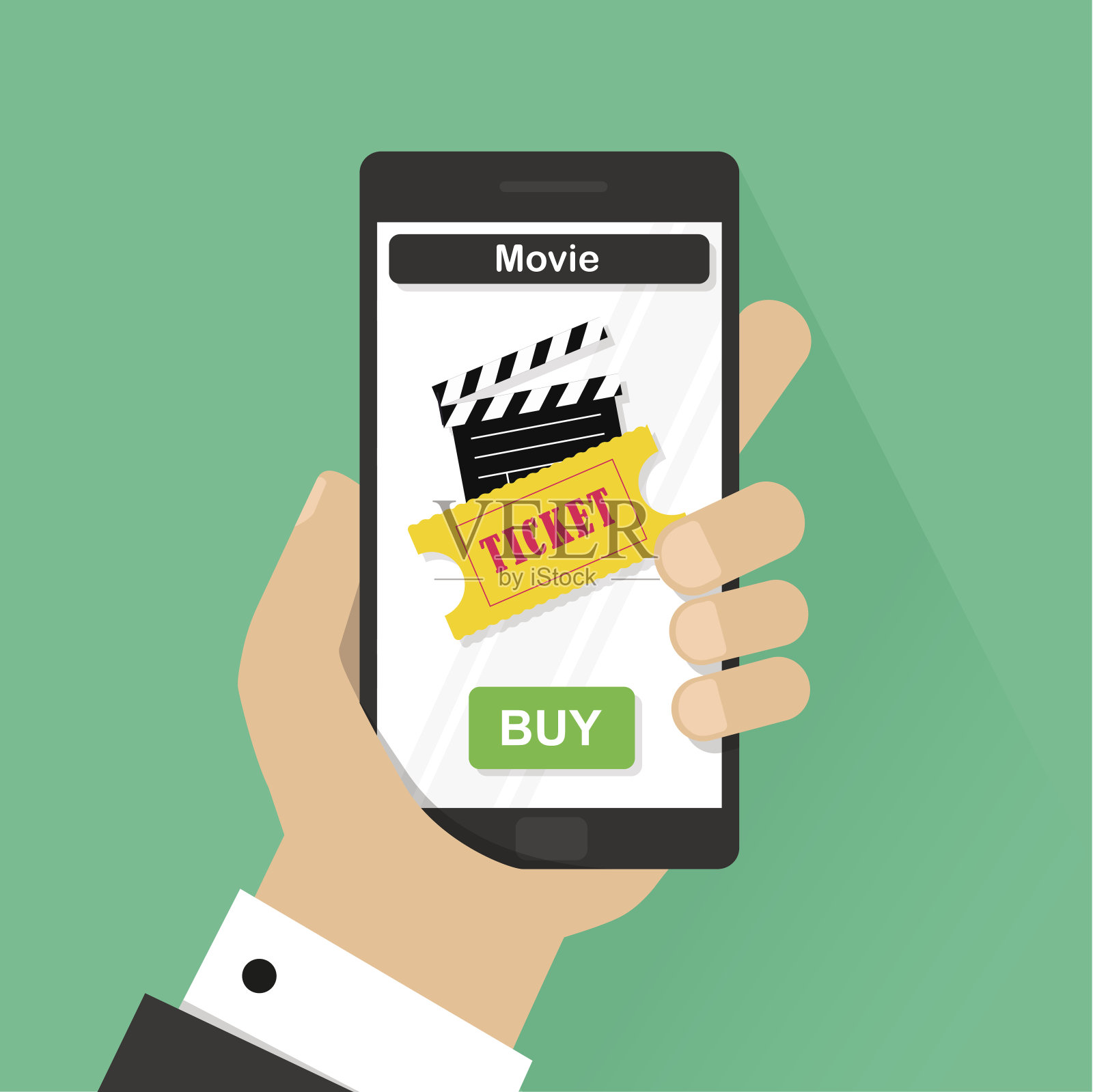 平面设计矢量插图概念的在线电影票。手持移动智能手机与在线购买应用程序。矢量现代平面创意信息图形设计。插画图片素材