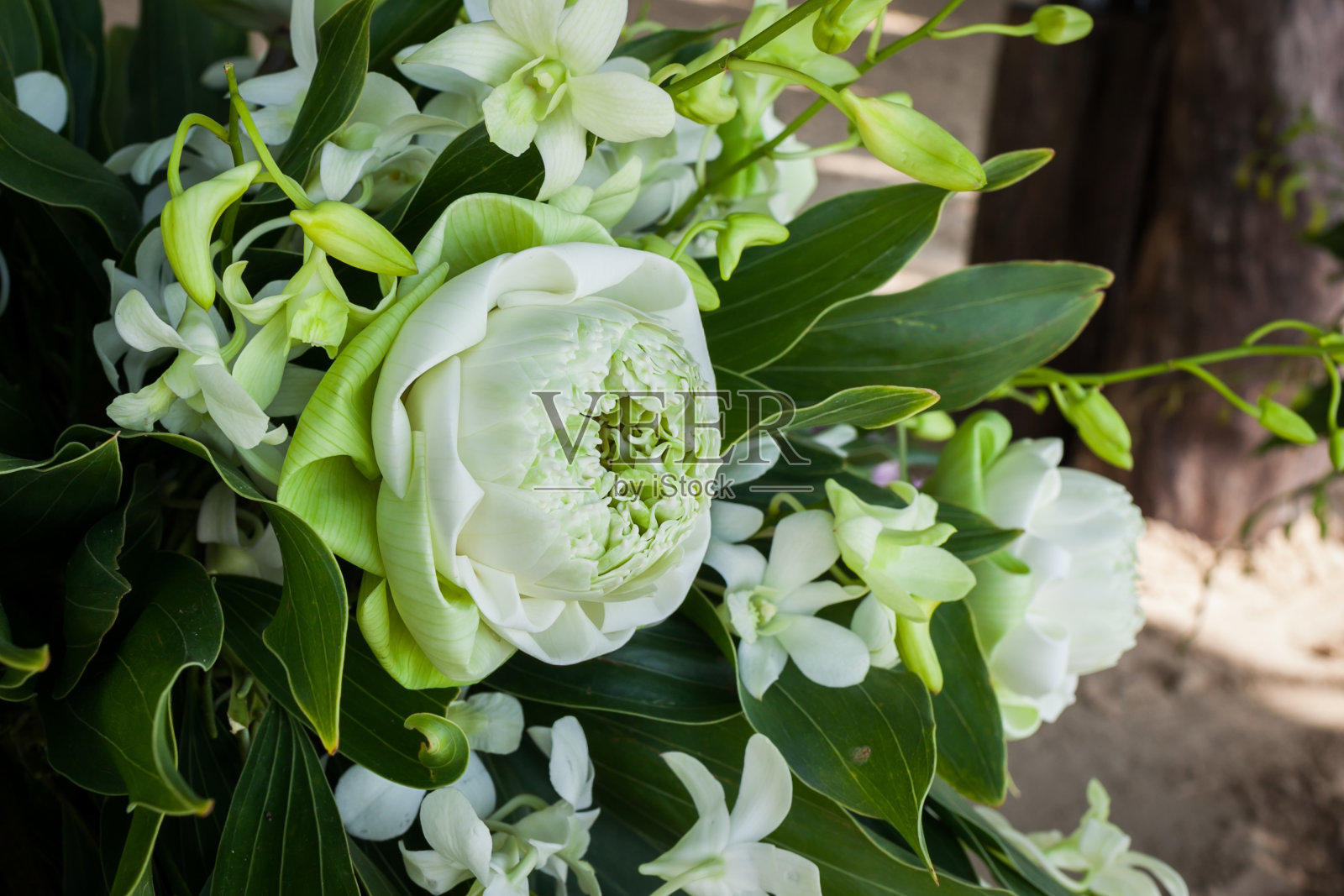 海滩上婚礼上的花卉布置。照片摄影图片