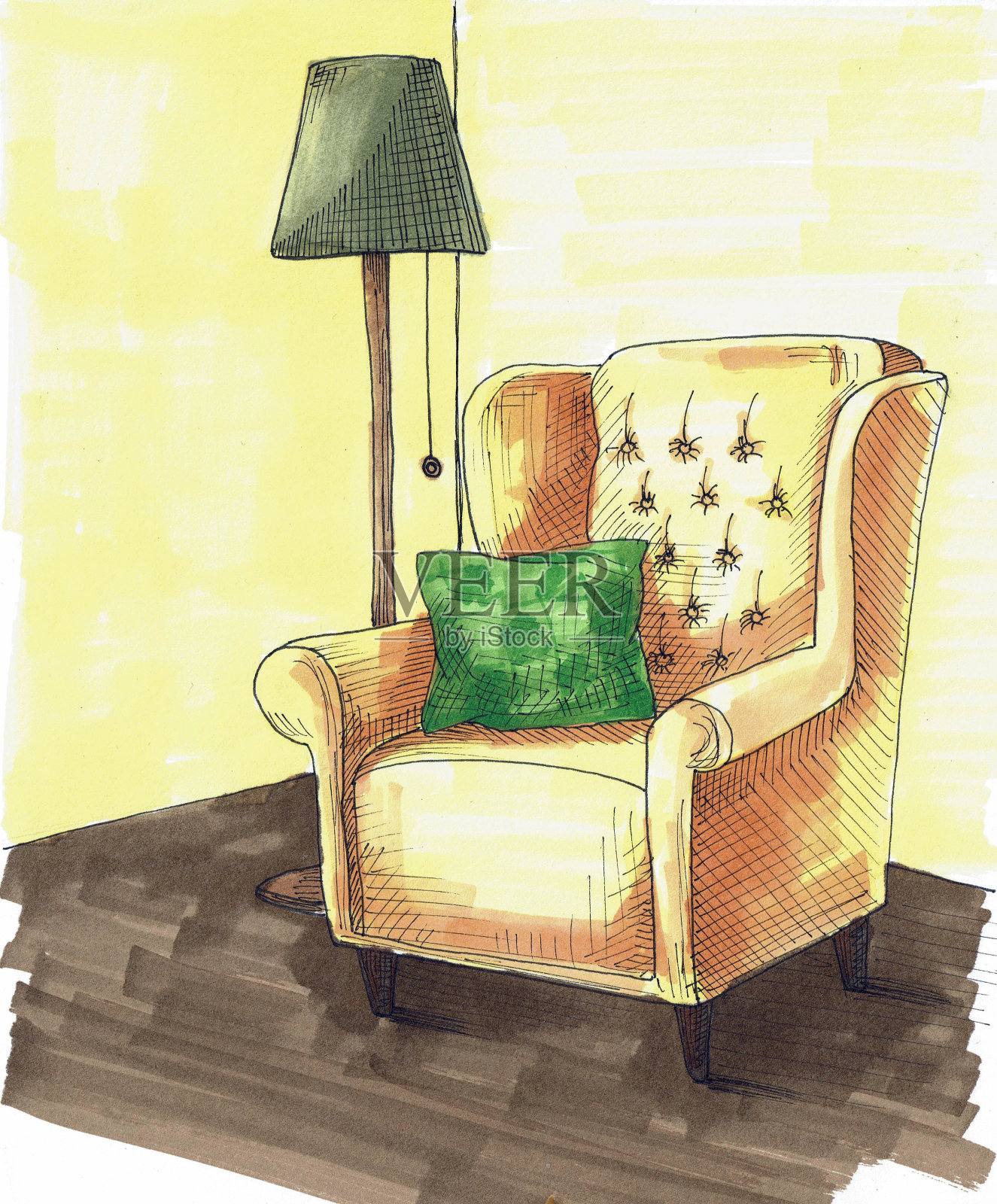 带枕头的手绘椅子。下一个灯。用记号笔画的明亮的草图。插画图片素材