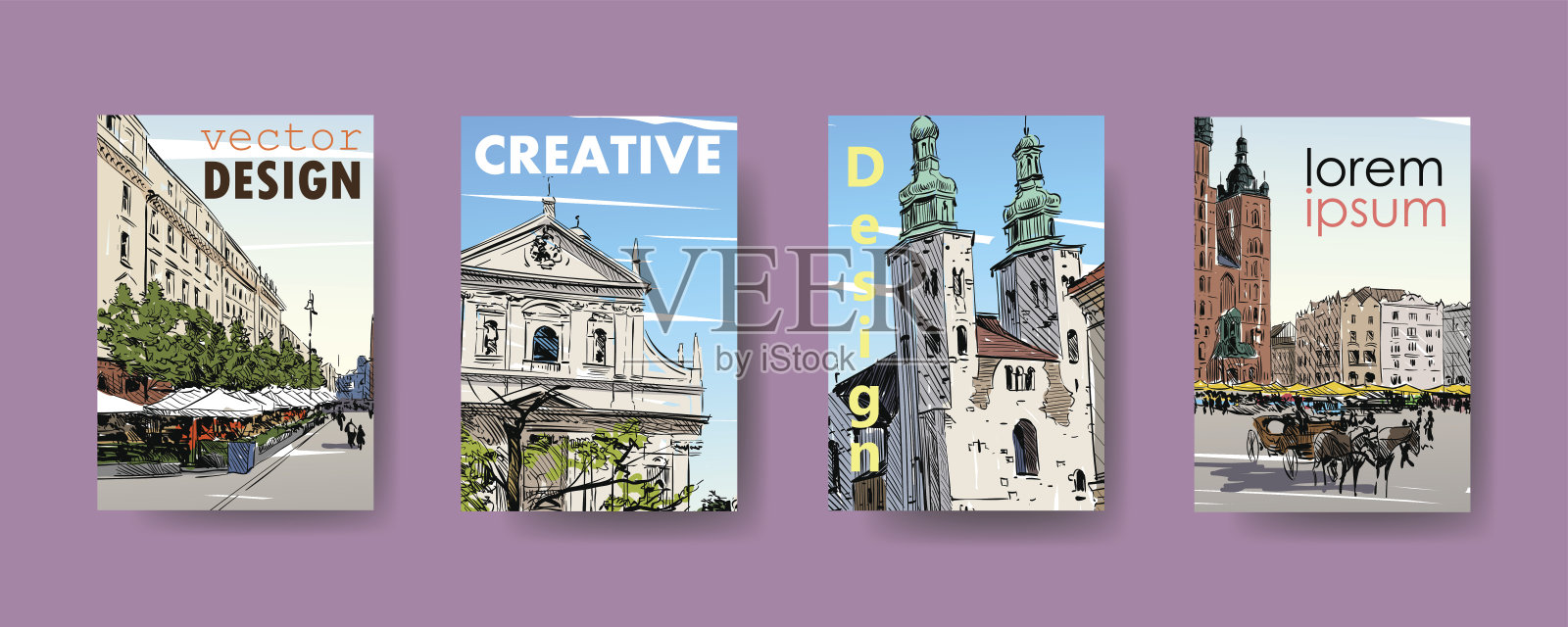 波兰。克拉科夫。覆盖时尚的设计模板，矢量背景设置。设计行业的海报，海报，横幅，传单设计模板素材