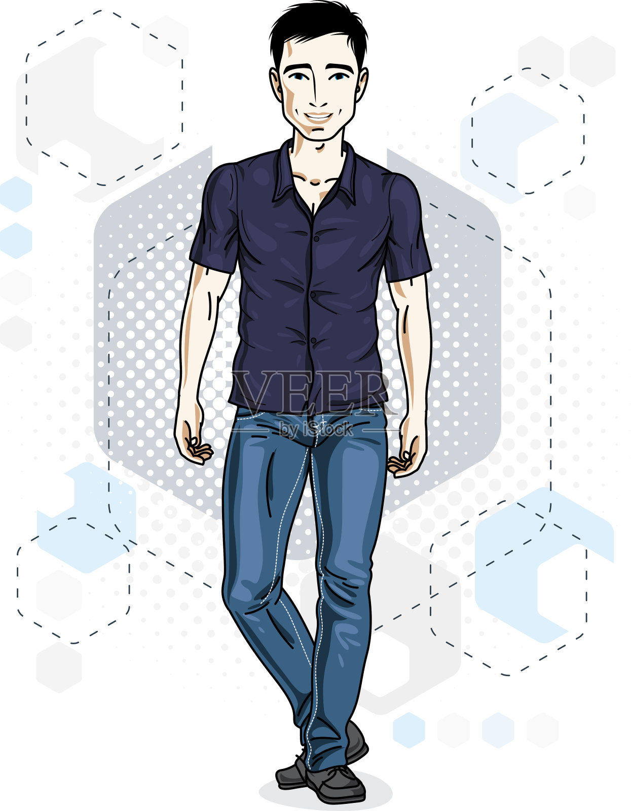 英俊的黑发青年站着。矢量插图的男人穿着时尚的休闲衣服。插画图片素材